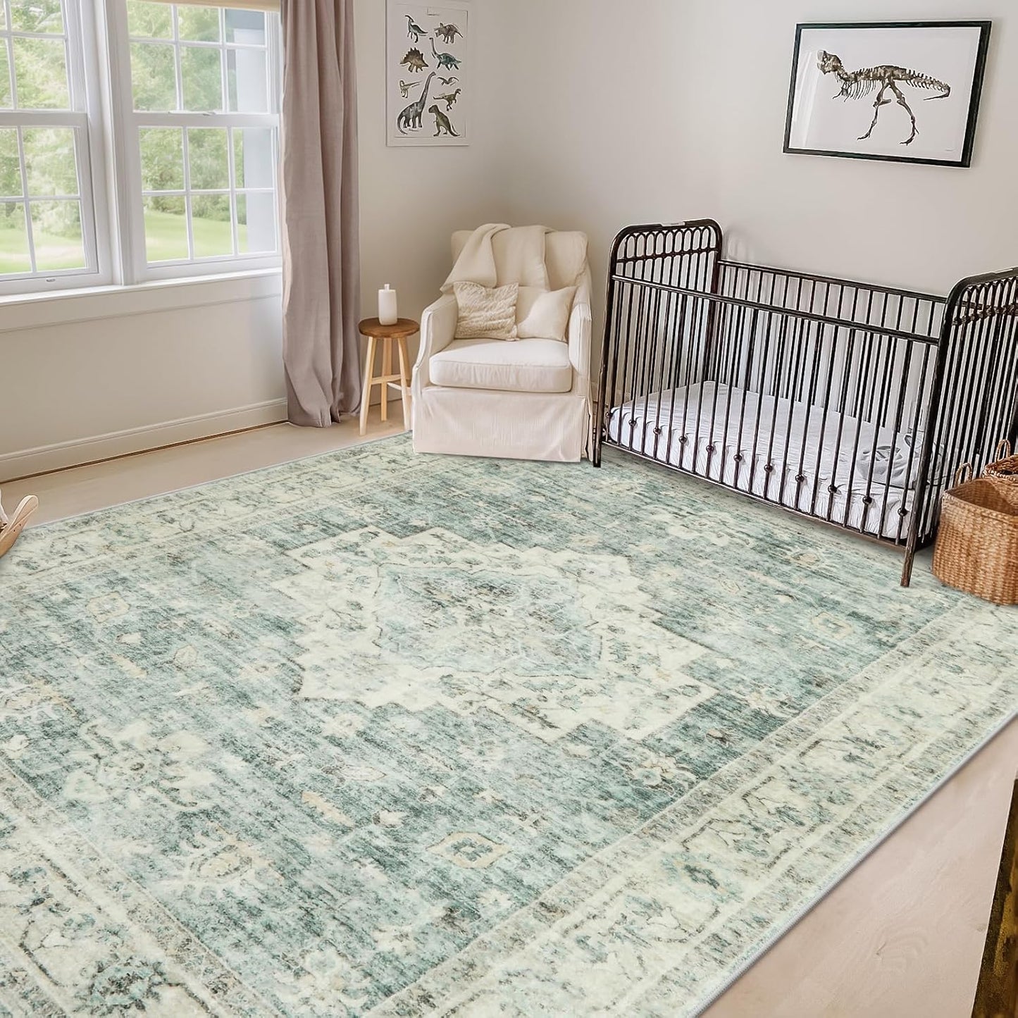 LIVEBOX Washable Area Rug 8x10 Rugs for Living Room Bedroom, Non-Slip Boho Indoor Carpet for Dining Room Office, Low-Pile Farmhouse Soft Carpets for Kids Nursery Playroom, Sage Green