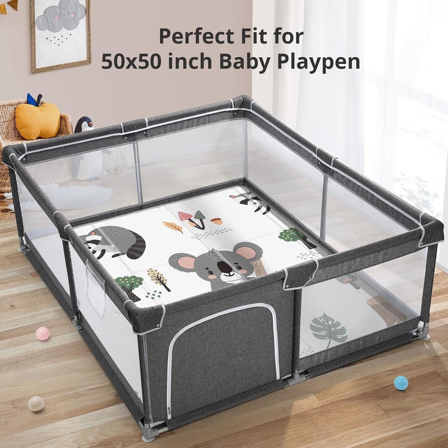 Foldable Baby Play Mat, PIGLOG 50x50 Playpen Mat, 0.6in Thick Waterproof Playmats for Babies and Toddlers Kids, Safe Foam Playmat for Tummy Time, Reversible Portable Baby Floor Mat for Infant, Koala