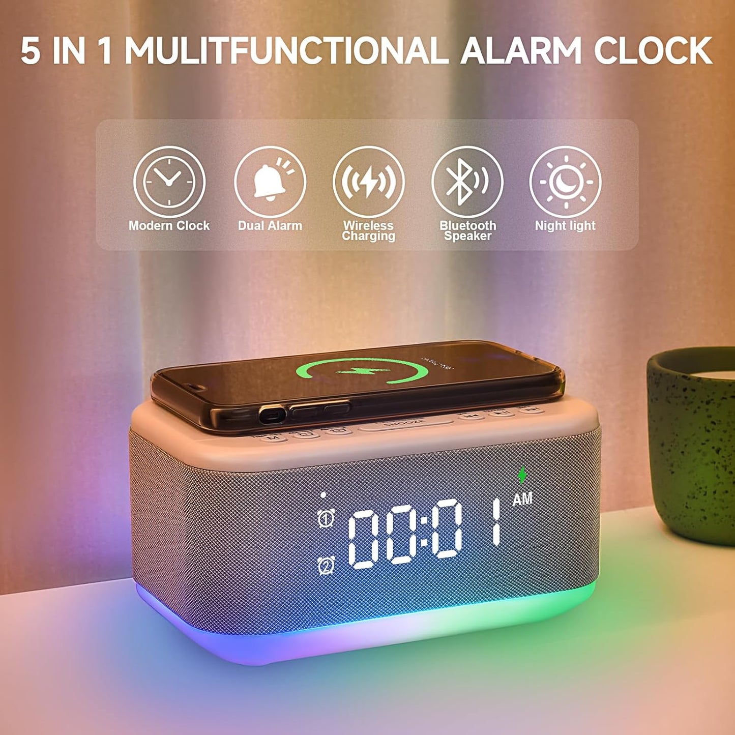 Alarm Clock Speaker Wireless Charger, Digital Alarm Clocks Bedrooms Bluetooth, Alarm Clock Dimmable Light Bedrooms Dual Alarm Snooze Dimmer 12 24H RGB Night Light Bluetooth USB AUX, Gray