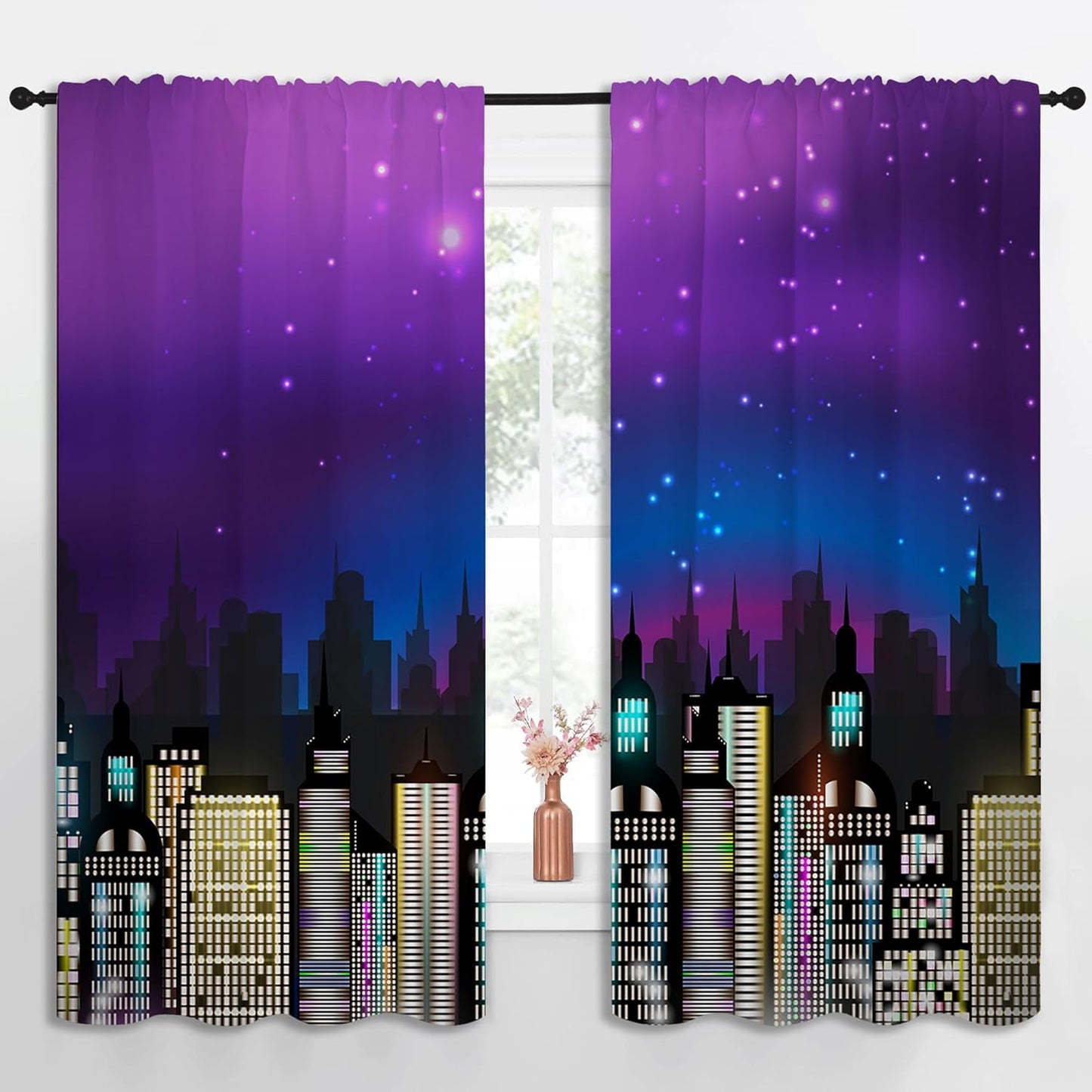 Superhero Rod Pocket Blackout Curtains for Boy Girl Bedroom, Super City Skyline Buildings Night Panorama Thermal Insulated Home Window Drapes for Living Room Darkening, 55x63 inch