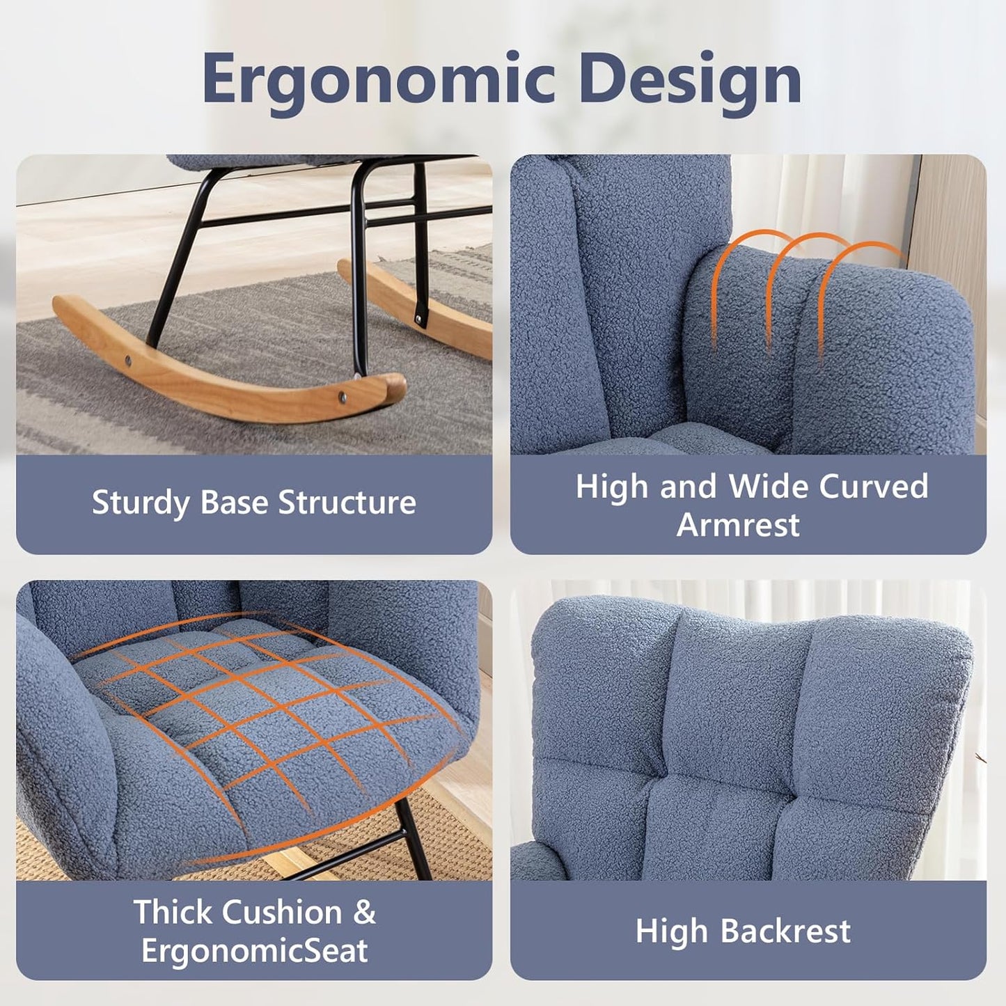 NIOIIKIT Nursery Rocking Chair Teddy Upholstered Glider Rocker Rocking Accent Chair Padded Seat with High Backrest Armchair Comfy Side Chair for Living Room Bedroom Offices (Light Blue)