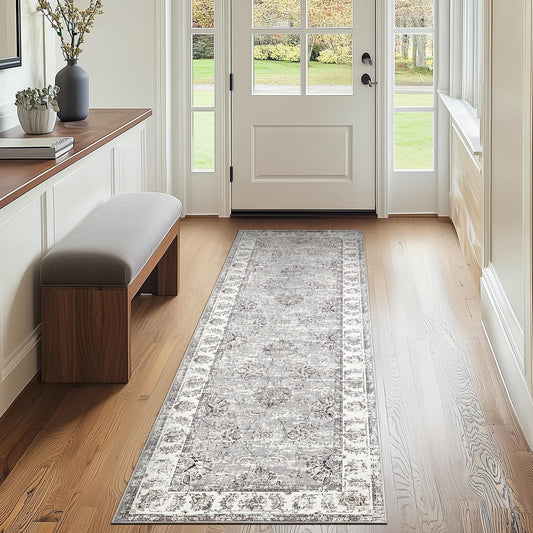 jinchan Runner Rug 2x6 Machine Washable Hallway Rug Grey Vintage Floral Print Non-Slip Low Pile Ultra-Thin for Kitchen,Entryway,Laundry Room,Bedroom,Farmhouse (2‘x6’,Grey)