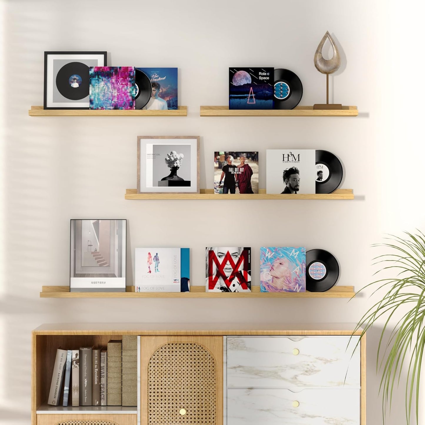 Fun Memories Picture Ledge Shelf, 48 Inch Floating Shelves Set of 2, Large Nursery Book Shelves for Toys Storage, Kids Bookshelf Wall Mounted for Wall Decor Books Photo Frames, Oak