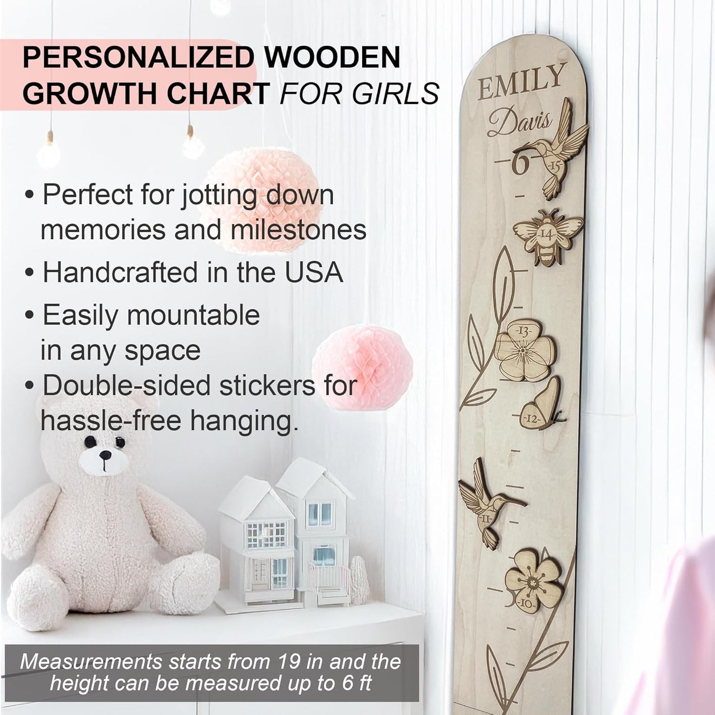 Personalized Wooden Growth Chart for Wall - Custom Name Kids Measurement Growth Chart for Girls, Child Height Measuring Chart Wooden, Baby Height Chart Wall Ruler Wood Wildlife Butterfly, 2 Sizes