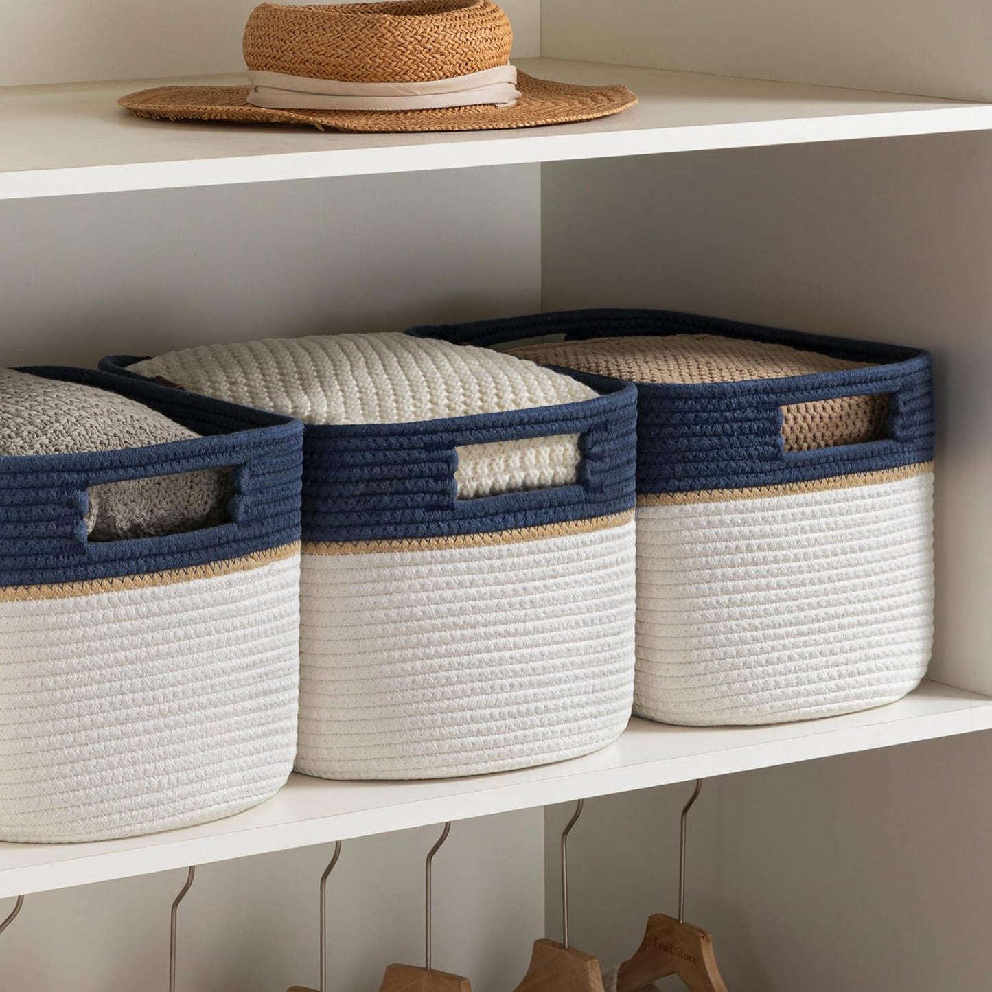 UBBCARE 2 Pack Baskets for Organizing, Woven Storage Baskets with Label for Toys and Towel, Rectangle Cotton Rope Basket with Handles, 15''L x10''W x9''H, Navy Blue&White