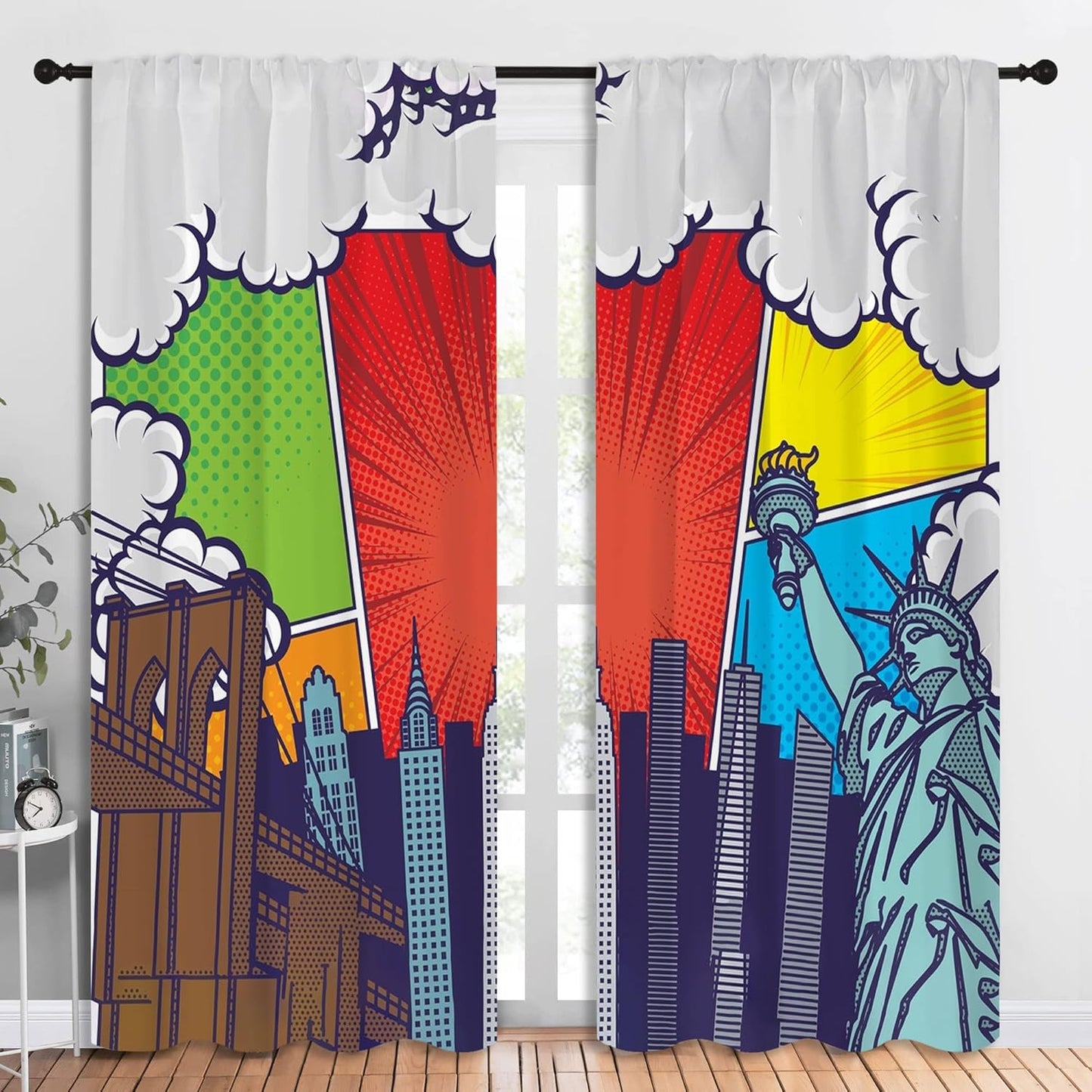 City Rod Pocket Blackout Curtains for Boy Girl Bedroom, Pop Art Style New York Cityscape Thermal Insulated Home Window Drapes for Living Room Darkening, 84x72 inch