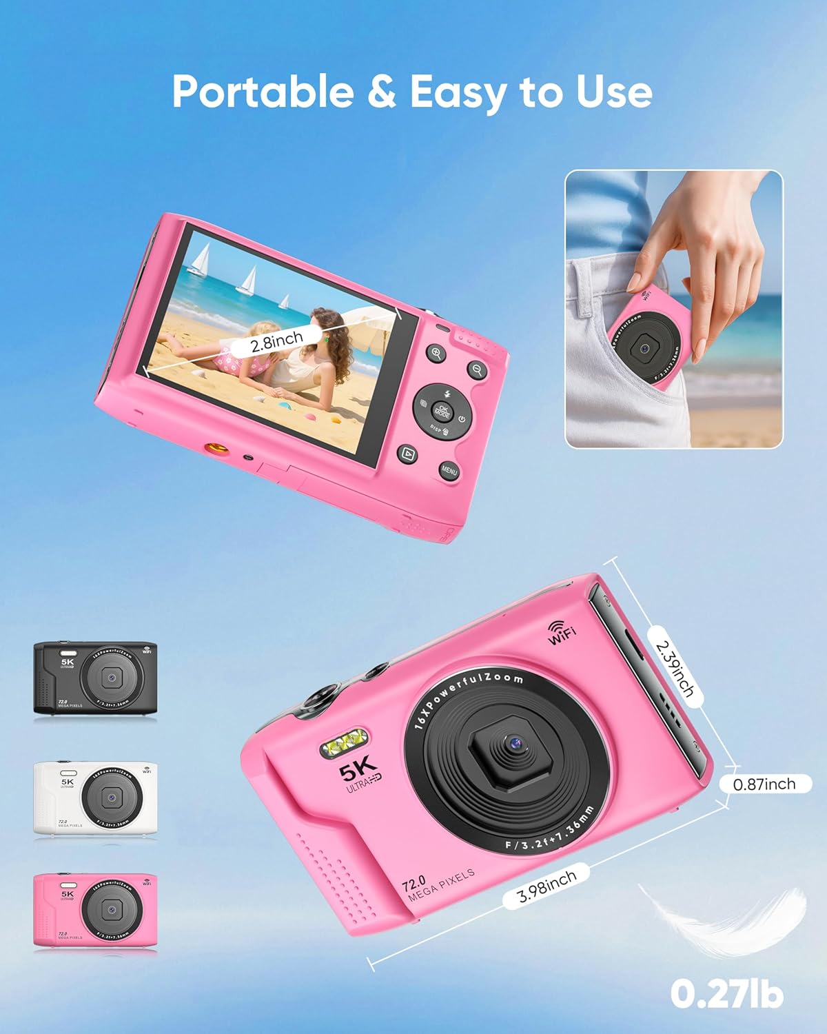 T TAKMLY Digital Camera 5K, Autofocus 16x Zoom 72MP Point and Shoot Cameras Compact Portable with Flash for Kids Boys Girls Teens Students, Anti Shake 2.8'' Screen, 64GB Card Include, Pink