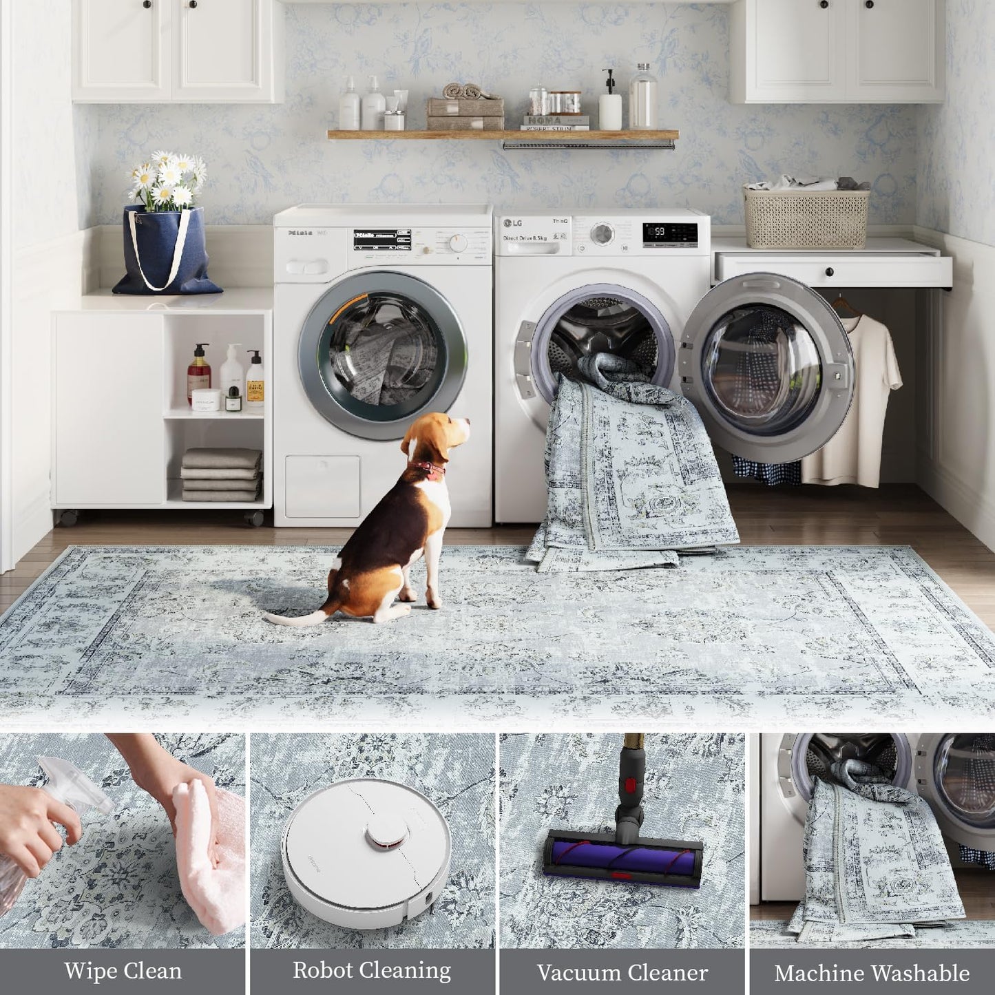 jinchan Runner Rug 2x6 Washable Hallway Runner - Vintage Floral Non Slip Low-Pile Soft Thin Kitchen Rug Distressed Carpet for Farmhouse Bedroom Entryway Laundry Room(2x6ft,Grey)