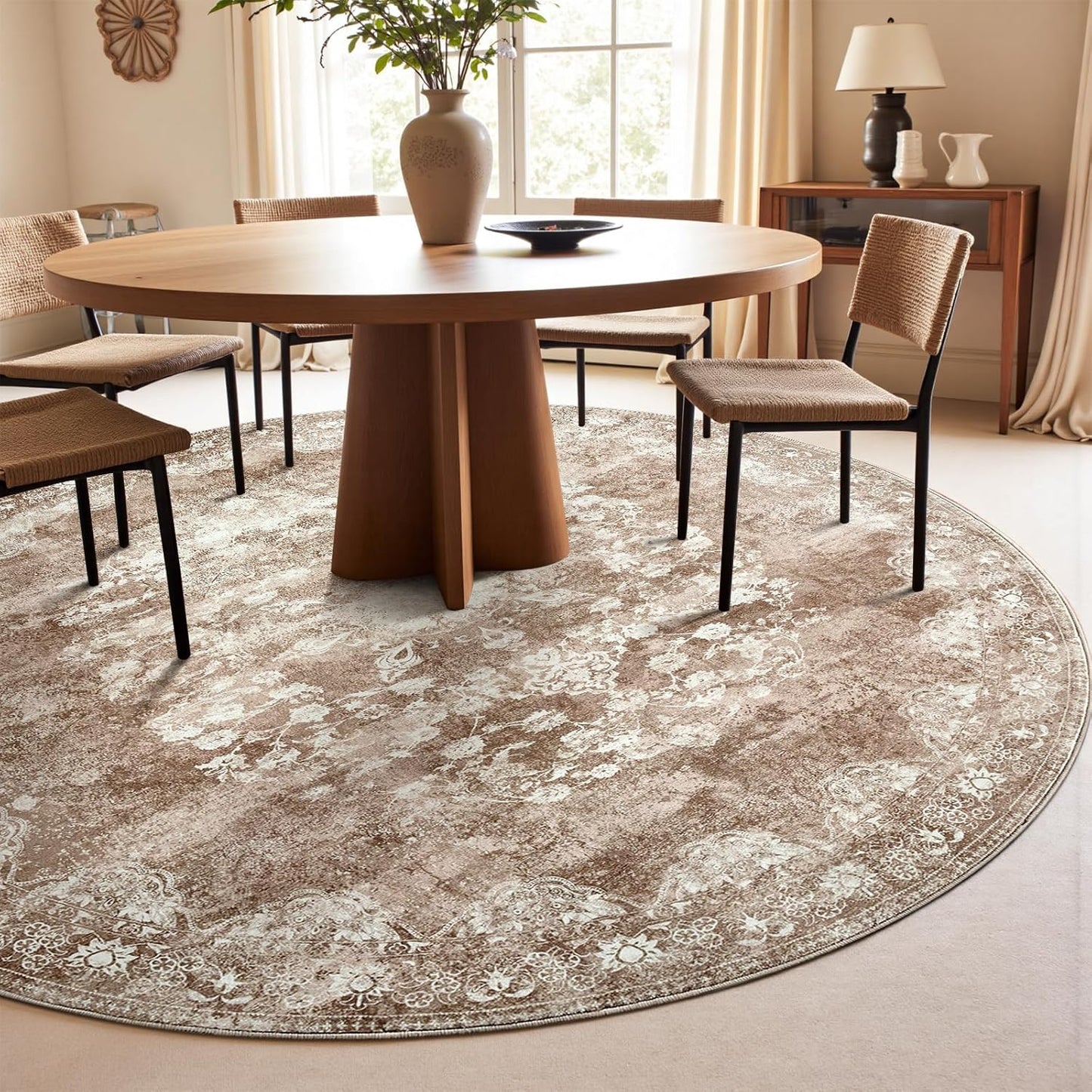jinchan Round Rug 8ft Area Rug - Brown Vintage Floor Mat Kitchen Indoor - Washable Circle 8' Thin Floral Print Carpet Retro Farmhouse Non Slip Dining Room Living Room Bedroom Office