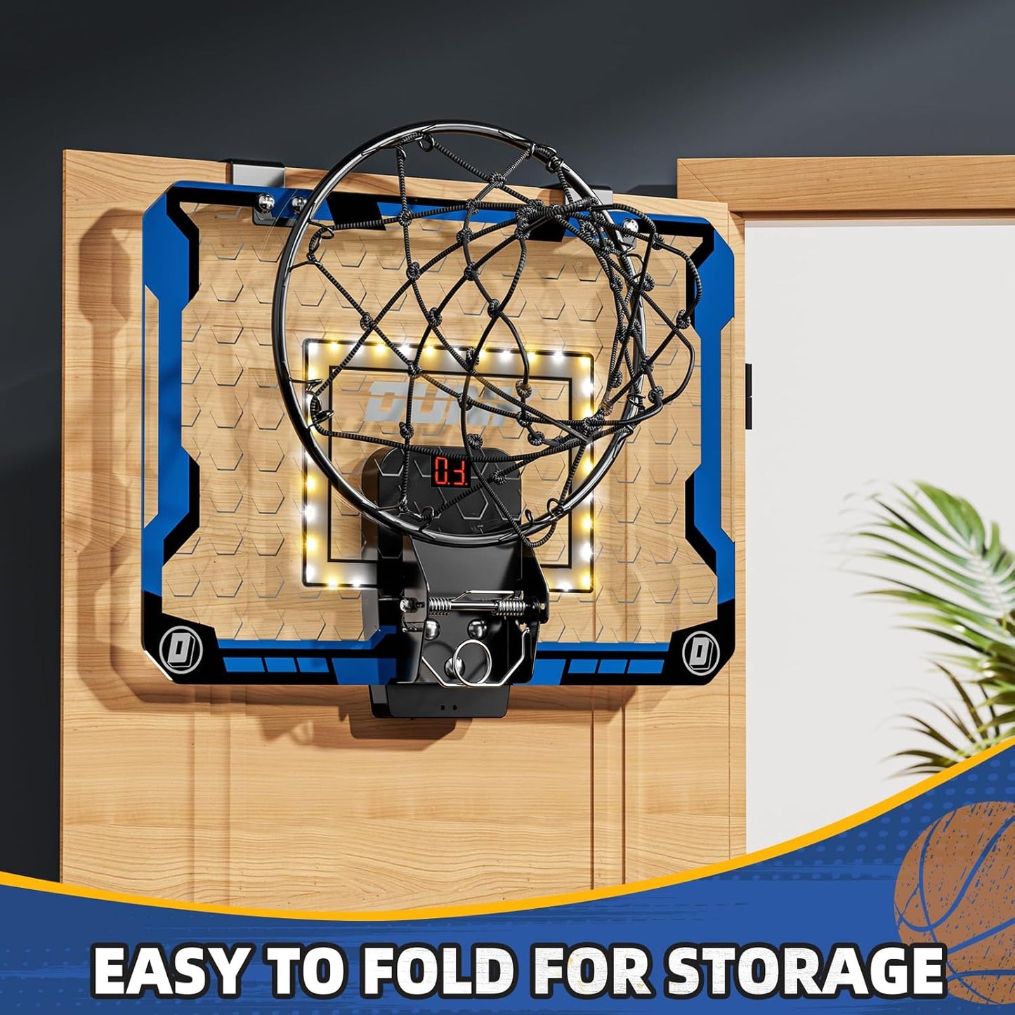 Indoor Basketball Hoop for Kids, Over The Door Mini Basketball Hoops, LED Light Mini Hoop with Scoreboard & 4 Balls, Kids Basketball Hoop Sport Toys Gifts for 5 6 7 8 9 10 11 12+Year Old Boys