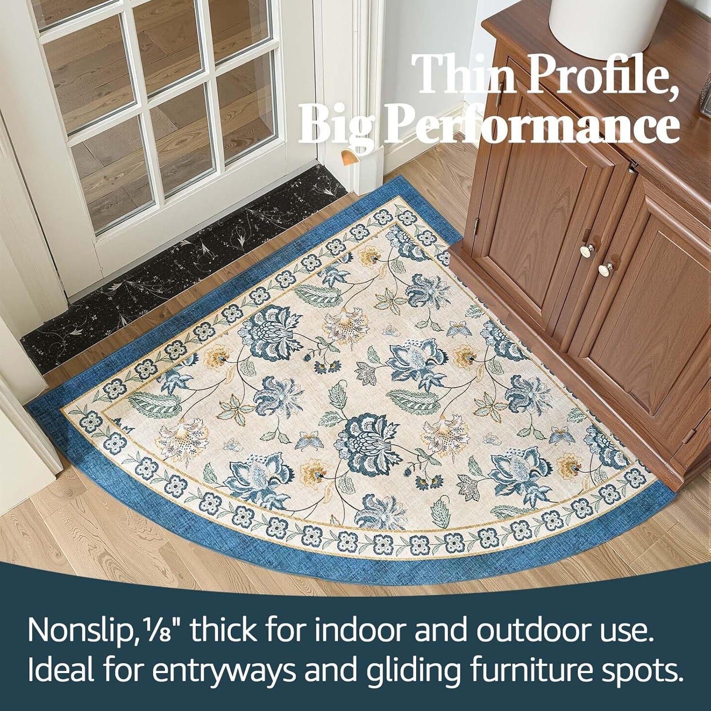 jinchan Floral Corner Rug for Entryway Washable Kitchen Rug Vintage Romance Design Non Slip Quarter Circle Lightweight Low-Pile Throw Carpet for Playroom Reading Nook Nursery, 4ft Radius, Blue/Beige