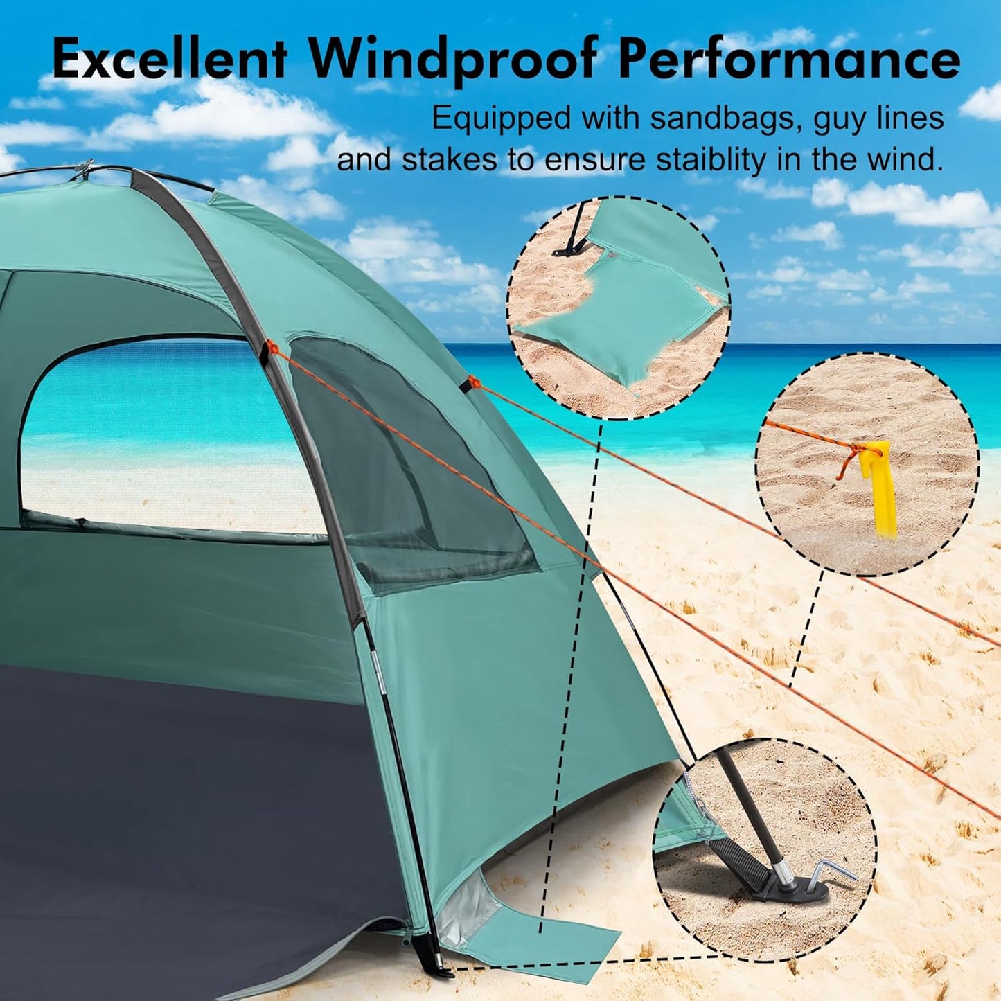 WhiteFang Beach Tent Anti-UV Portable Sun Shade Shelter for 3/4/6/8 Person, Extendable Floor with 3 Ventilating Mesh Windows Plus Carrying Bag, Stakes and Guy Lines