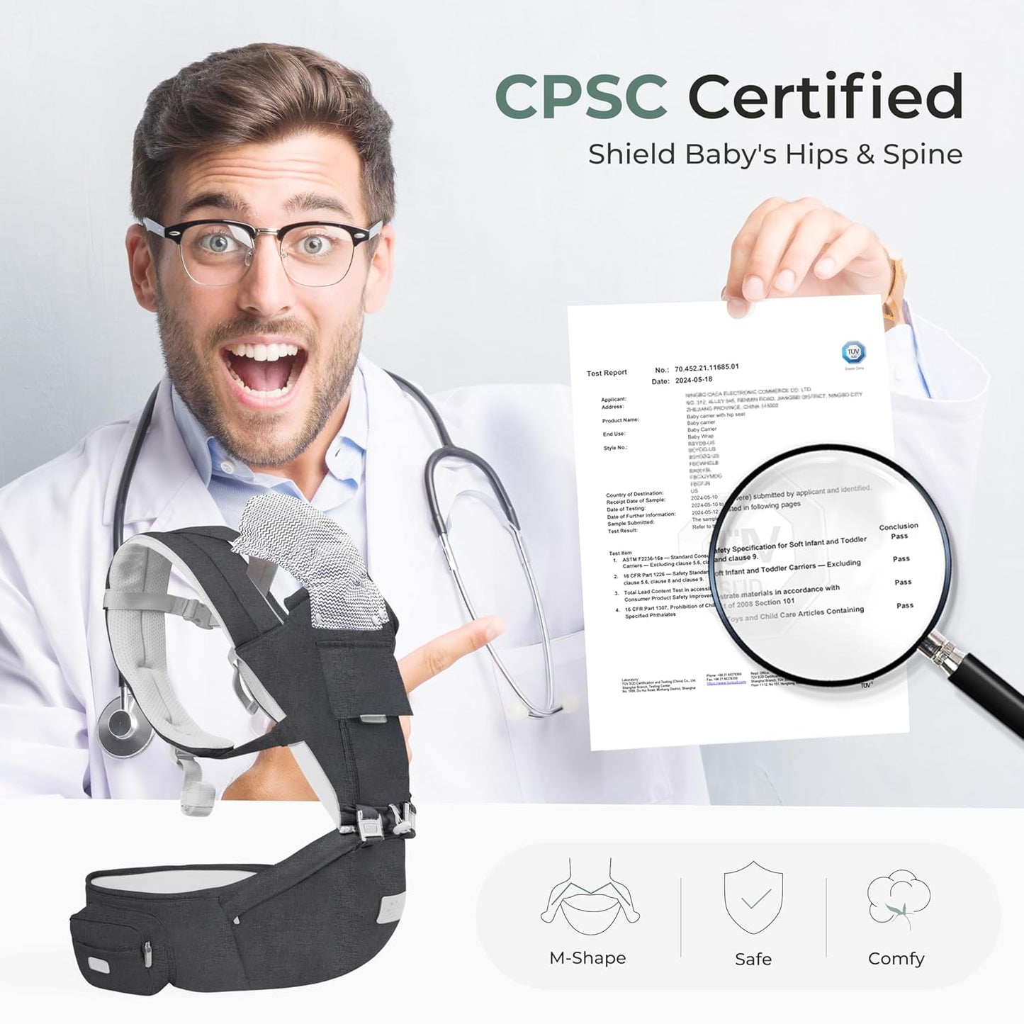 FRUITEAM 6-in-1 Baby Carrier with Waist Stool, One Size Fits All -Adapt to Newborn, Baby Hip Carrier for Breastfeeding, Infant & Toddler