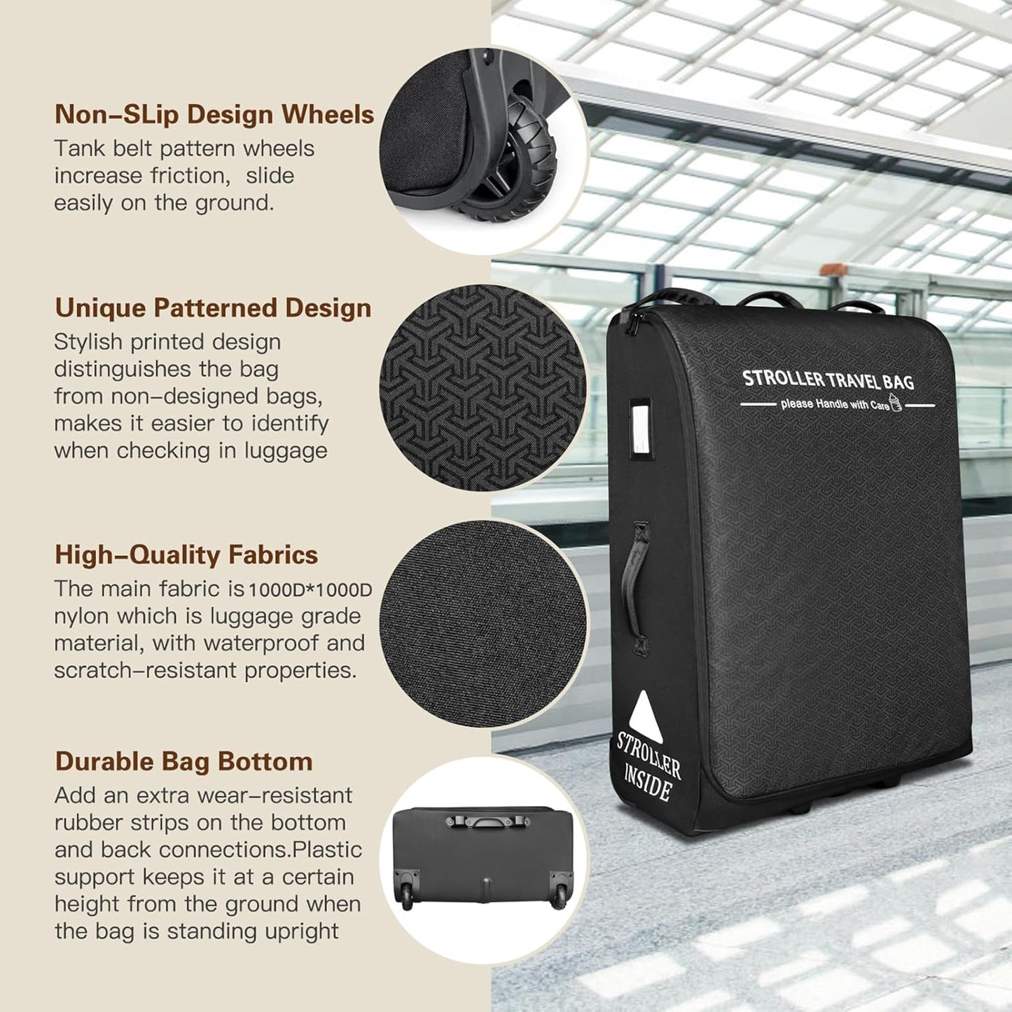 RAYMACE Padded Stroller Travel Bag for Airplane,Stroller Gate check bag with Wheels Compatible with UPPAbaby Vista,Vista V2,Cruz,Cruz V2, Travel Safe Protection Storage Bag,Patterned Design,Black