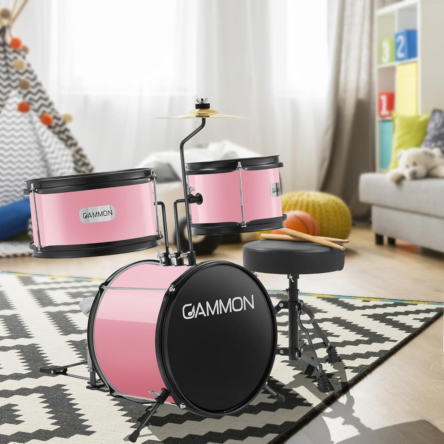 Gammon 3-Piece Junior Drum Set with Throne - Pink, Complete Beginner Kit with Bass Drum, Toms, Cymbal, Pedal, and Drumsticks
