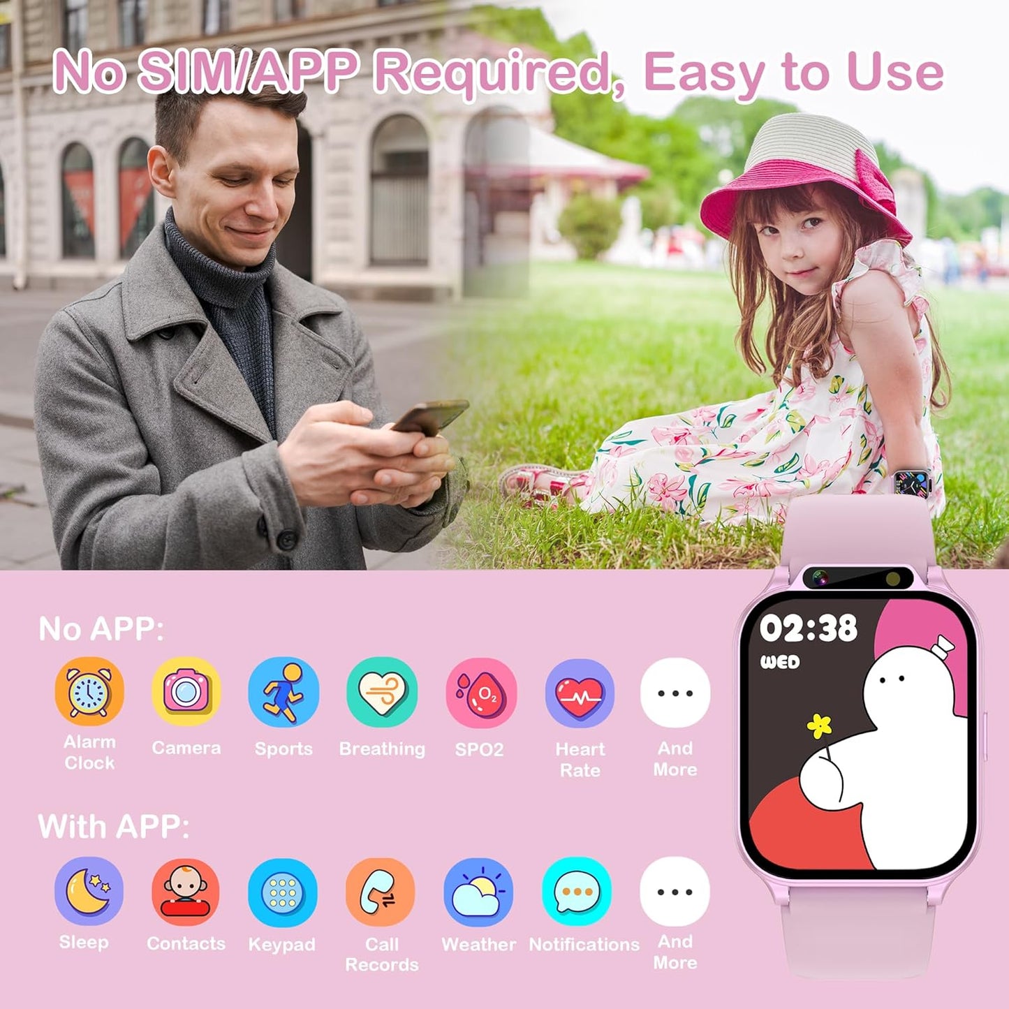 Kids Smart Watches Girls with Fitness & Sleep Tracker, Waterproof Sport Modes SOS DIY Dial Heart Rate Blood Oxygen Monitor HD Camera Games Music Recorder, NO APP/Phone, Gift for 5-14 Teen Girls