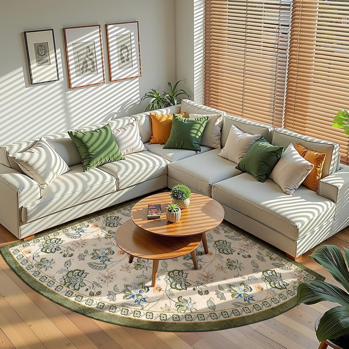 jinchan Floral Corner Rug for Kitchen Washable Nursery Rug Vintage Romance Design Non Slip Quarter Circle Lightweight Low-Pile Throw Carpet for Playroom Reading Nook Office, 5ft Radius, Green/Beige