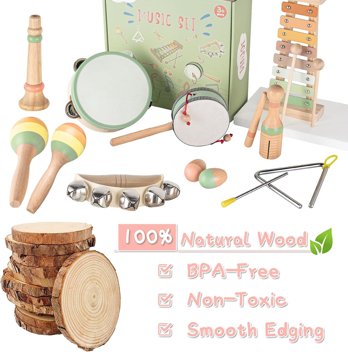 VINJOE Baby Musical Instruments-Toddler Montessori Wooden Musical Toys for Kids 1-3, Neutral Colors Percussion Instruments Set Early Learning Musical Toys for Preschool Educational Birthday Gifts