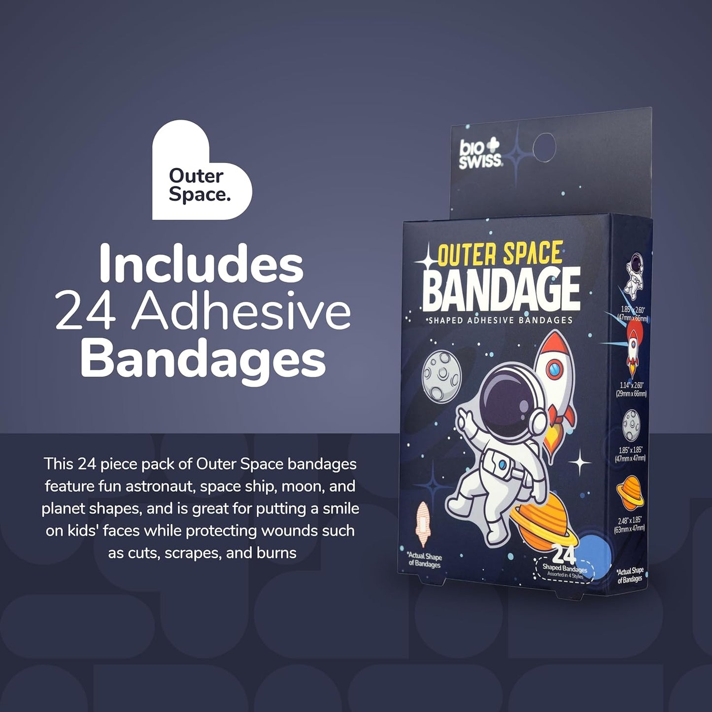 BioSwiss Bandages, Outer Space Shaped Self Adhesive Bandage, Latex Free Sterile Wound Care, Fun First Aid Kit Supplies for Kids and Adults, 24 Count
