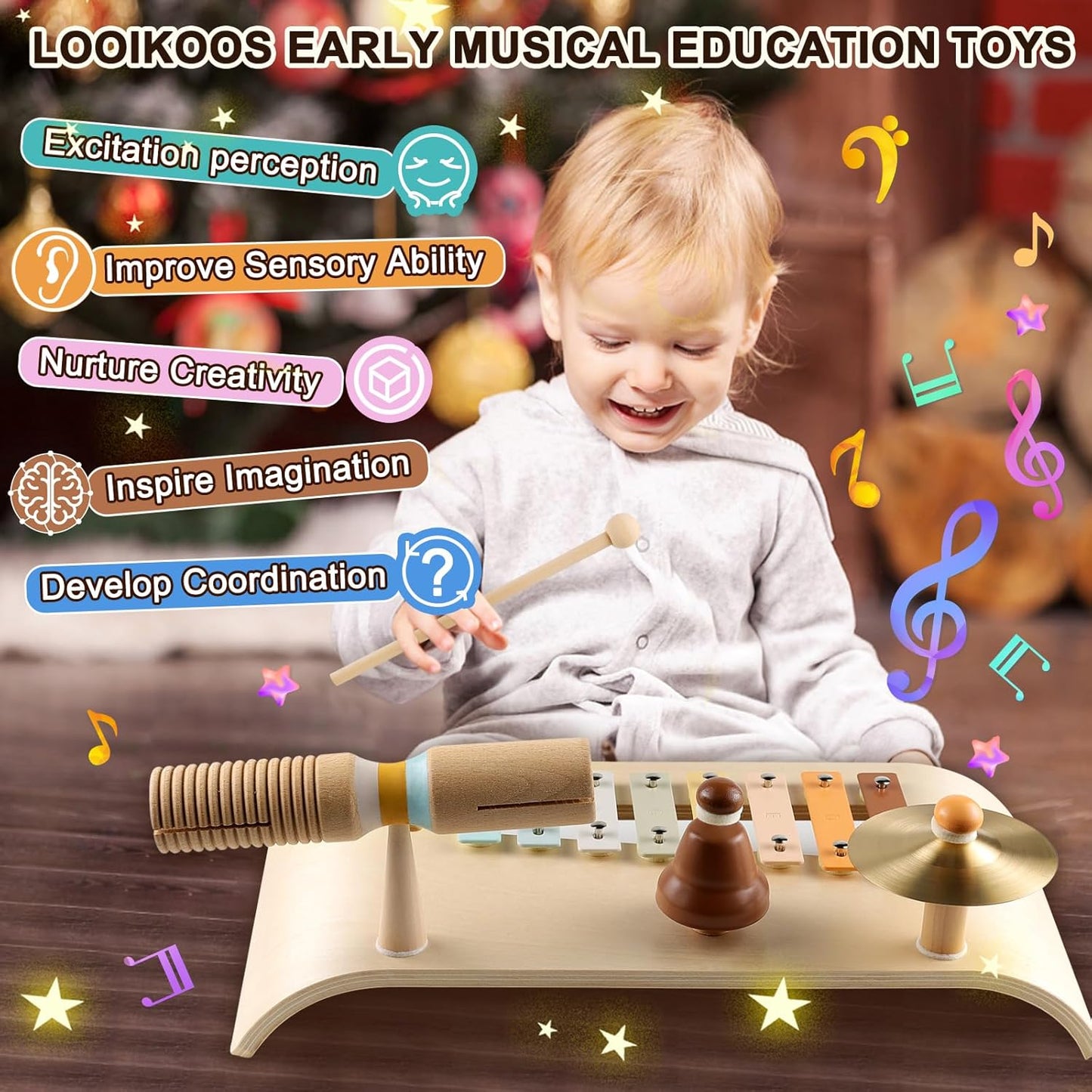 LOOIKOOS Kids Drum Set Toddler Musical Instruments Set Wooden Percussion Instrument Xylophone for Kids Montessori Toys Preschool Educational Musical Toys