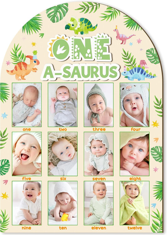 R HORSE My First Year Photo Frame Board, 3D One a Saurus Birthday Decorations Display Wood Board, Dinosaur Themed Baby First Year Picture Frame 12 Months Milestone 1st Birthday Nursery Decor Gift