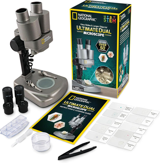 NATIONAL GEOGRAPHIC Dual LED Kids Microscope - 50+ pc Science Kit with 10 Prepared Slides & 10 DIY Blank Slides, Biology Experiment Activity, Microscope Kit for Kids 8-12 (Amazon Exclusive)