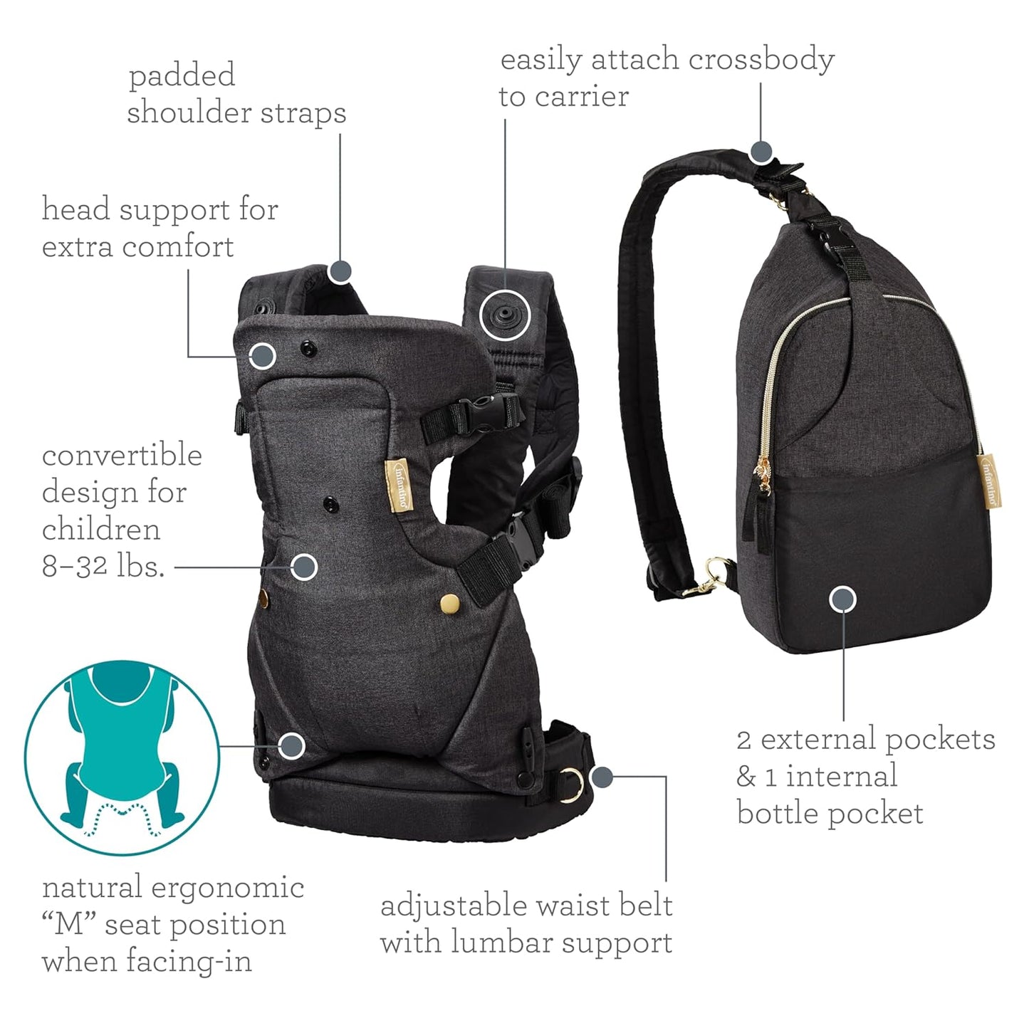 Infantino Flip 4-in-1 Convertible Baby Carrier & Crossbody Diaper Bag - Grow-with-Me Carrier with Attachable Crossbody Diaper Bag, Black and Gold, 2-Piece Set