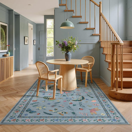 3x5 Washabl Rug with Insect Print - Bug Rug Non-Shedding Stain Resistant Soft Small Carpet for Bedroom, Low Pile Ultra-Thin Machine Washable Carpet for Nursery,Entrance, Office (3'x5' Blue)