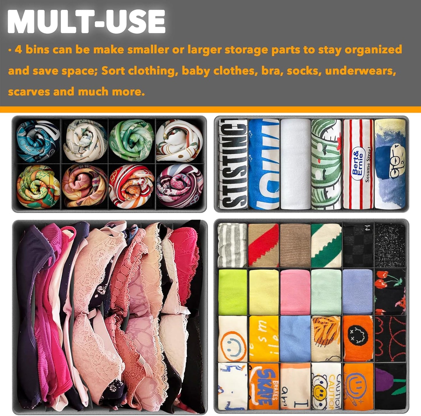 SpaceAid Underwear Drawer Organizer, 4 Pack Dresser Organizer Bins for Nursery, Closet Organization and Storage with Dividers for Baby Clothes Socks Bra Ties Scarf (Grey)