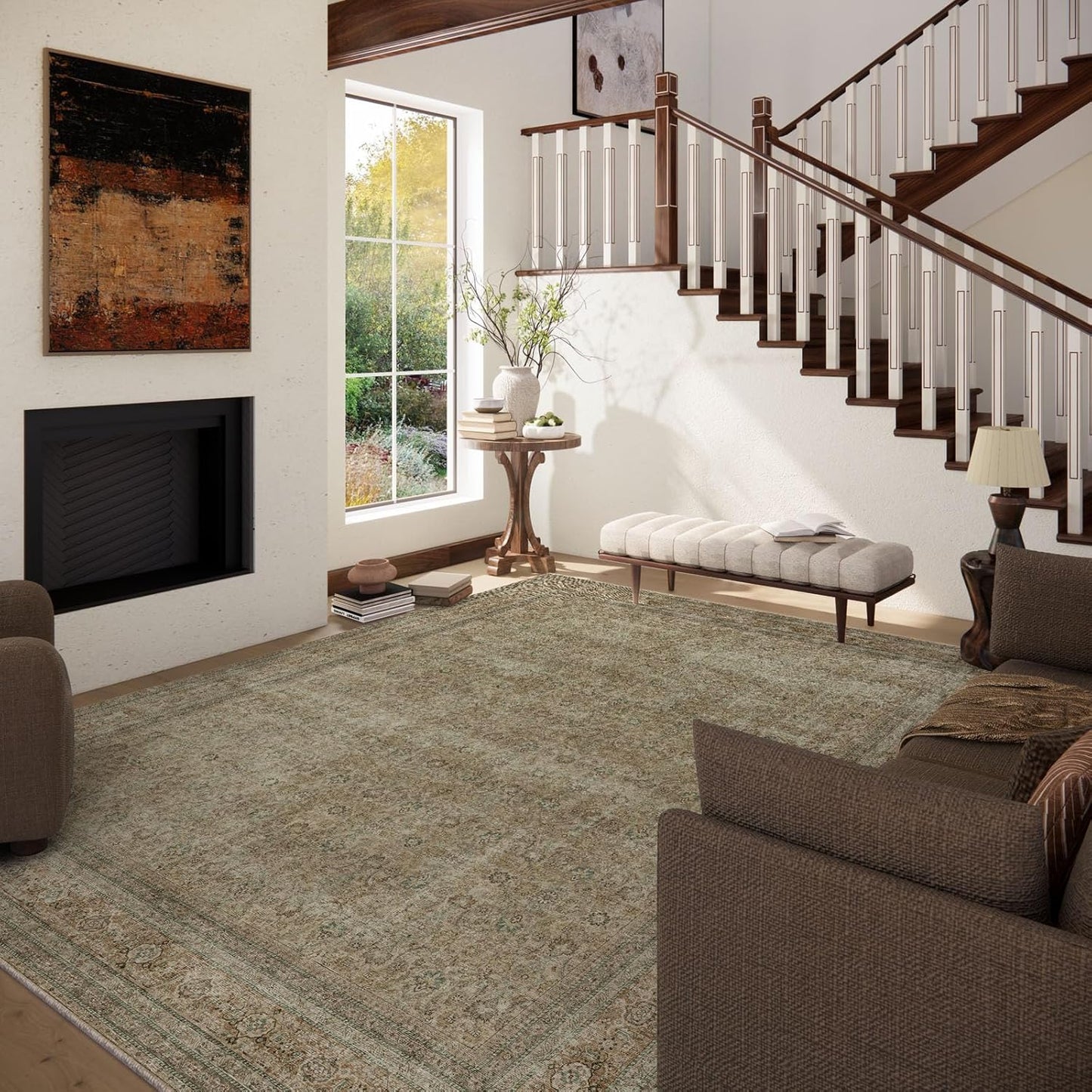 Washable Area Rugs for Living Room: 5x7 Bedroom Rug Boho Vintage Rugs Stain Resistant Non Slip Low Pile Lightweight Soft Carpets for Dining Room Kitchen Nursery Kids Room Farmhouse Living Room