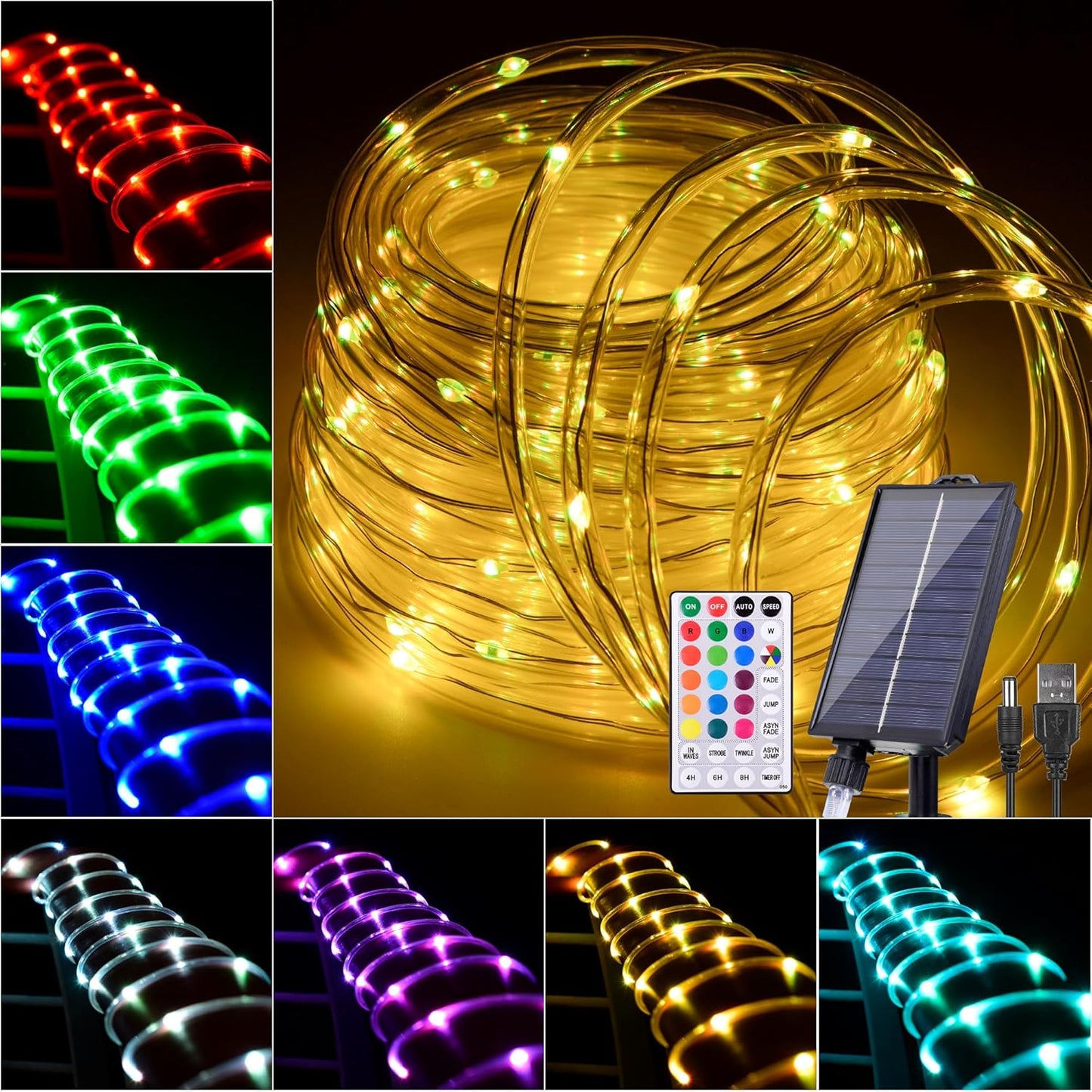 49FT Solar Rope Lights Outdoor Waterproof, 18 Colors Changing 150 LEDs Fairy String Lights USB & Solar Powered with Remote, Multicolor Tube Light for Outside Trampoline Yard Christmas Decor