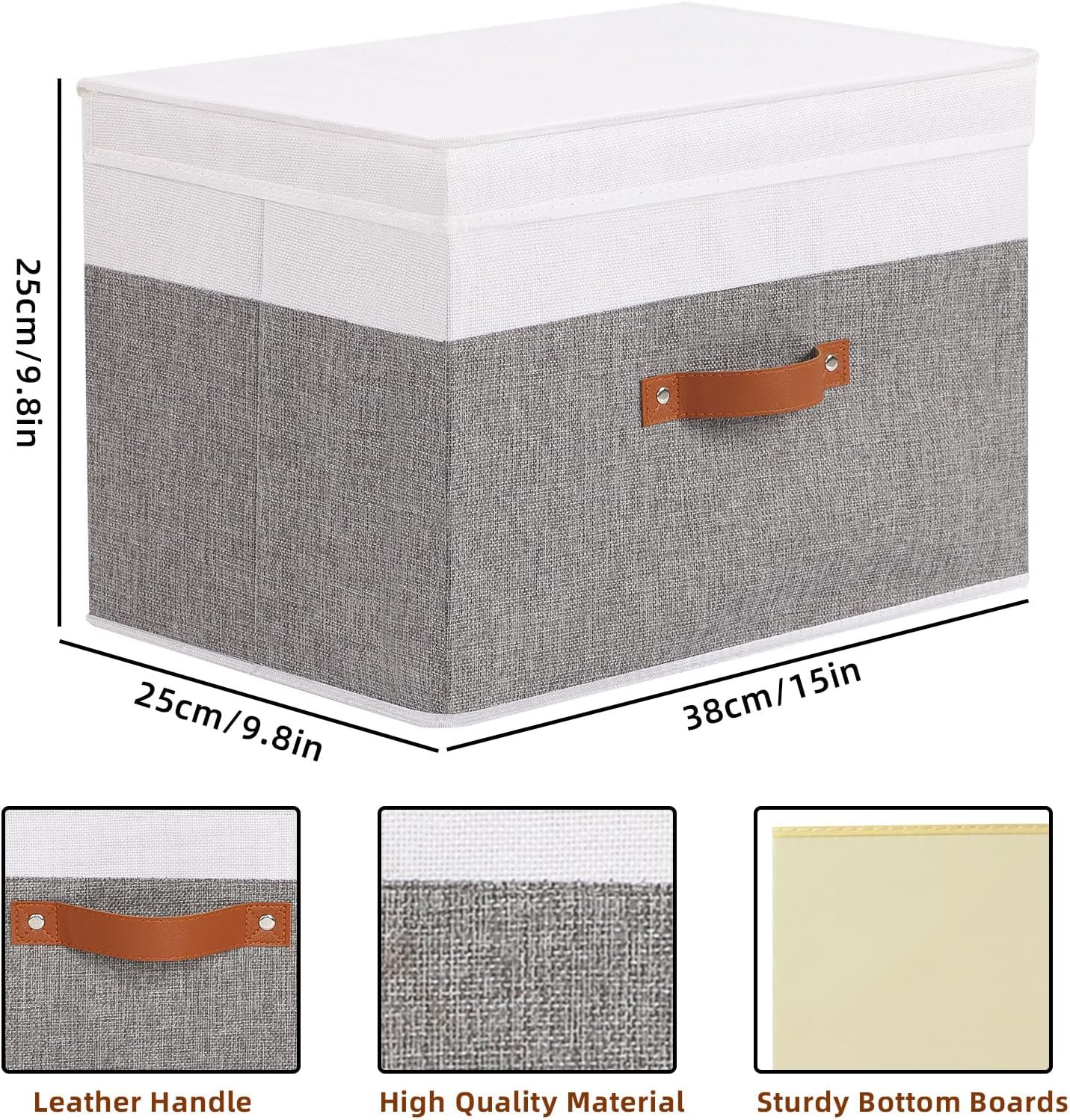 Fabric Storage Bins with Lids, 1 Pack Linen Foldable Cloth Baskets, 15 x 9.8 x 9.8 Inch Closet Organizer Containers with Double Handles, Sweater Boxes for Bedroom, White and Grey