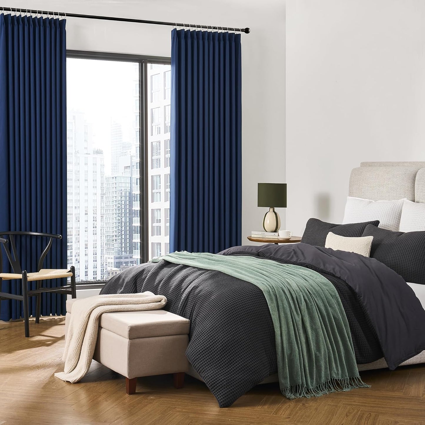 Navy Blue Blackout Pinch Pleated Curtains for Living Room, Aesthetic Bedroom Room Darkening Curtain 105 Inches Long 100" W x 105" L-2 Panels