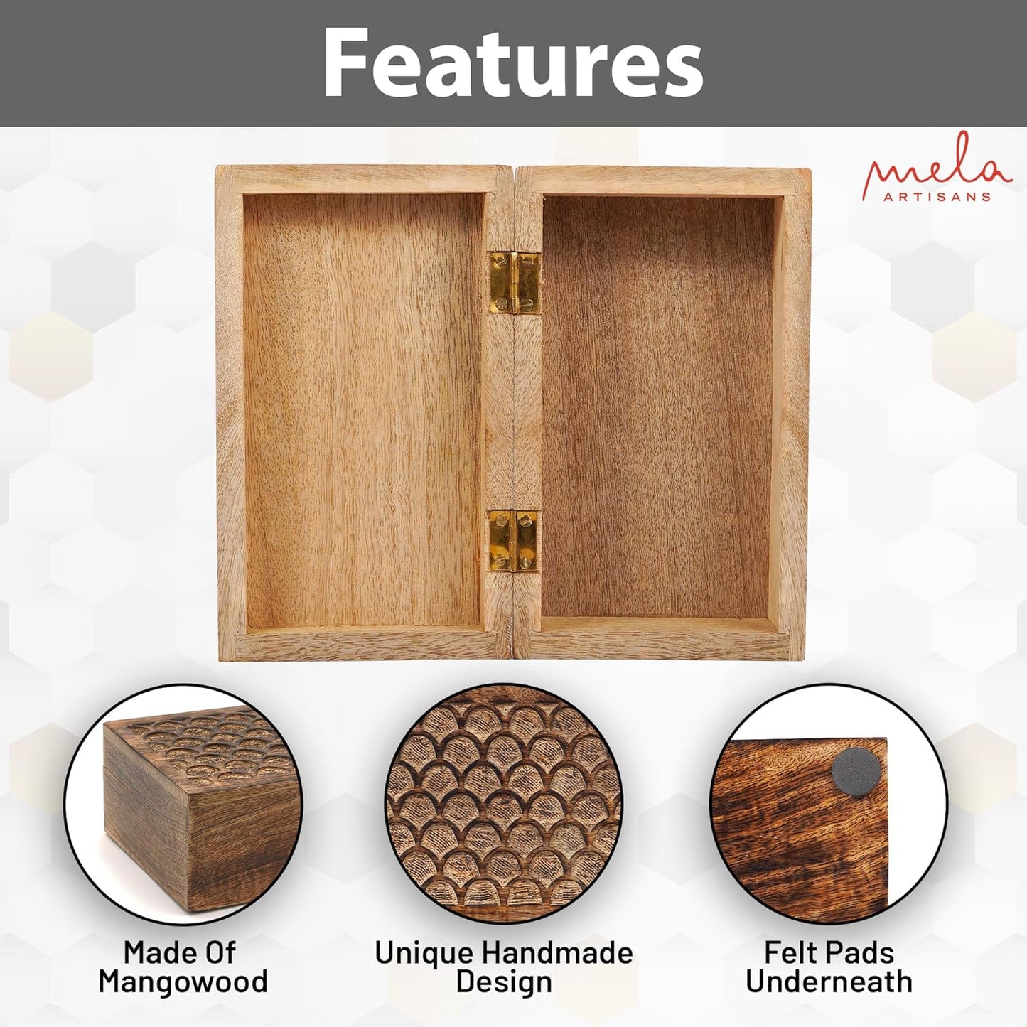 Carved Scallop Mango Wood Box with Lid - Medium Burnt Medium Wood Boxs - Handmade Decorative Boxs with Lid for Use As Memory Boxs, Keepsake Box, Photo Storage Box, and more - 7.5” x 4.5” x 3”