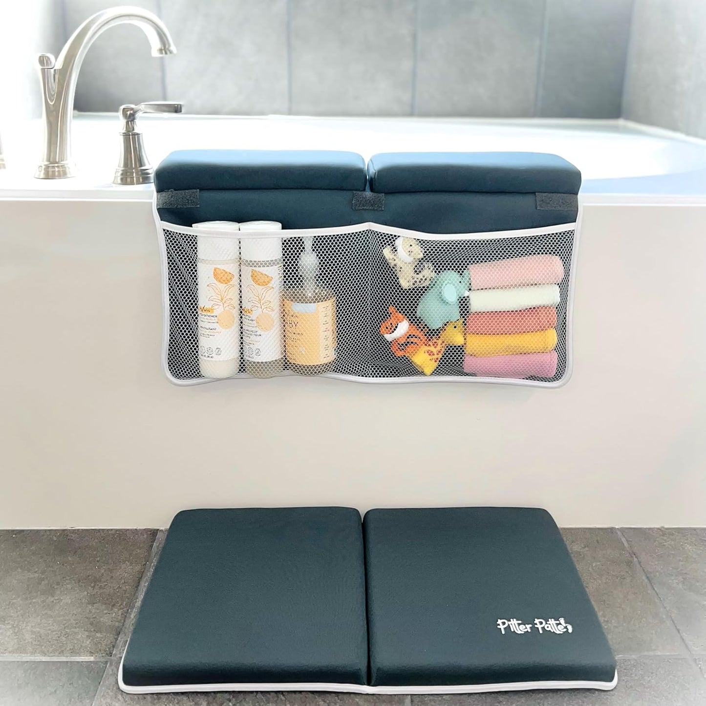 Baby Bath Kneeler and Elbow Rest Pad Set Made of Neoprene & Foam - Non Slip Cushioned Bath Kneeling Pad for Bathing Baby with XL Compartments for Bath Toy Storage for Tub