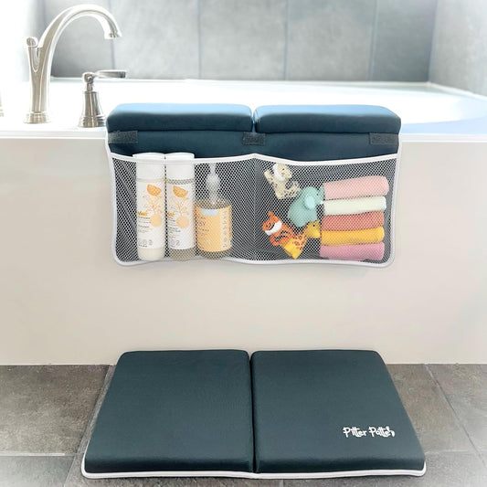 Baby Bath Kneeler and Elbow Rest Pad Set Made of Neoprene & Foam - Non Slip Cushioned Bath Kneeling Pad for Bathing Baby with XL Compartments for Bath Toy Storage for Tub