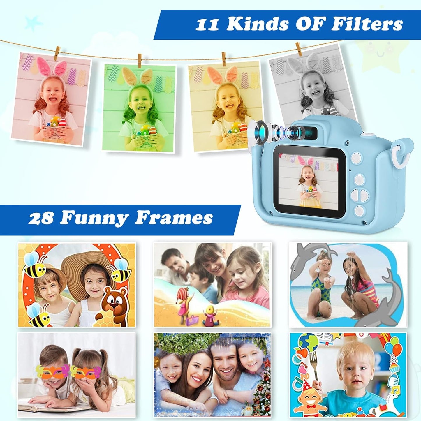 Kids Camera,HD Digital Video Camera with Protective Cover,Childrens Toys for 3 4 5 6 7 8 9 Year Old Boys/Girls,Selfie Camera for Kids,Christmas Birthday Gifts with 32GB SD Card (Unicorn Blue)