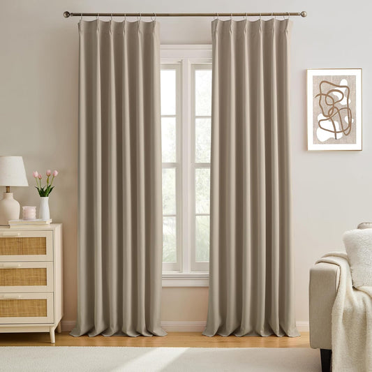 KEQIAOSUOCAI Pinch Pleated Curtains 132 Inch Long 11 FT Tall Curtains for Living Room Bedroom Thermal Memory Trained Pleated Viral Window Drapes with Hooks(Khaki,40W x 132L x 2 Panels)