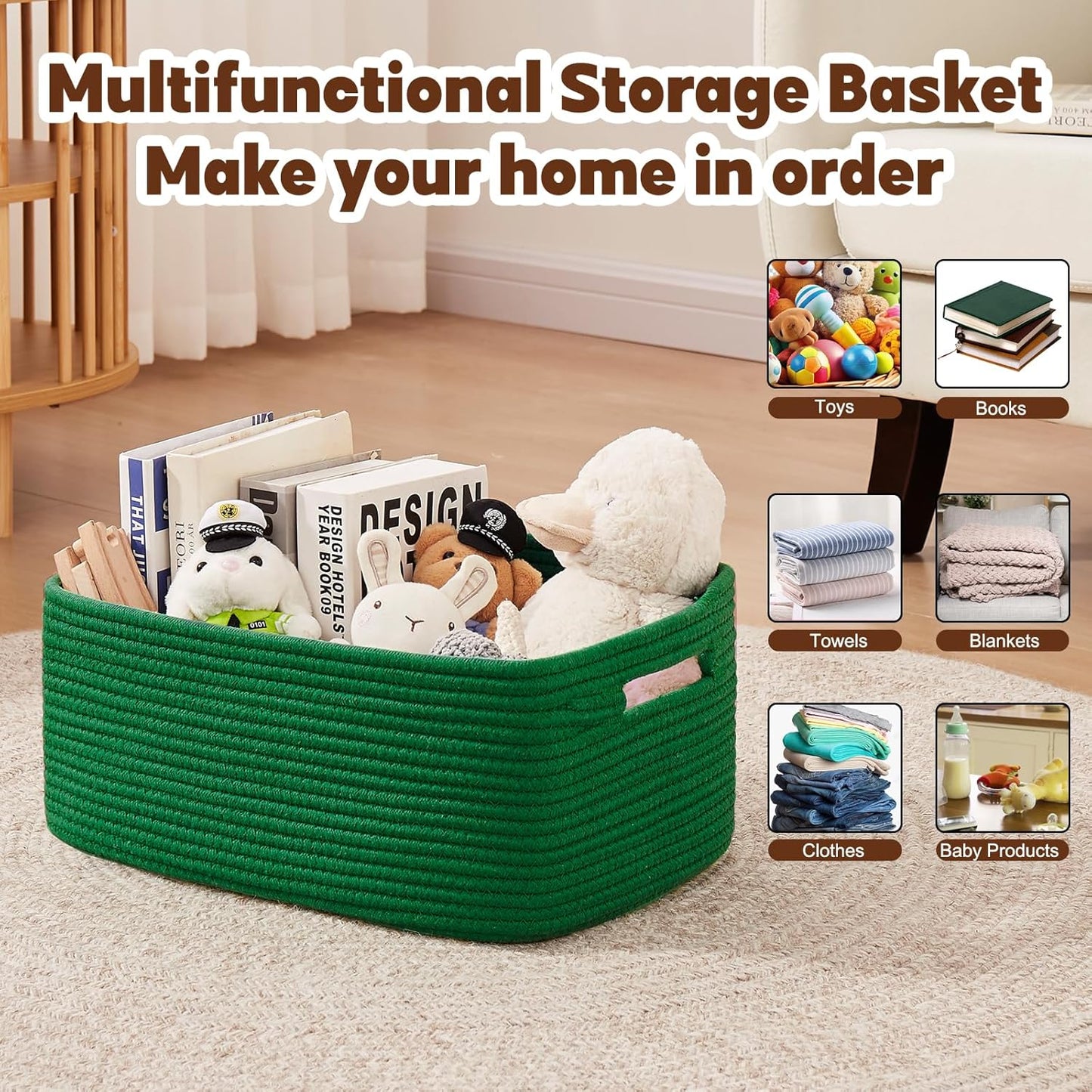 OIAHOMY Storage Basket for Shelves, Closet Cube Storage Bins Baskets for Clothes Blanket Towels, Baby Nursery, Toy Baskets Box, Woven Rope Basket, 15.75*11.81*7.09 IN, 2 Packs Green