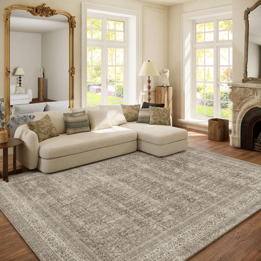 Washable Area Rugs for Living Room: 6x9 Bedroom Rug Boho Vintage Area Rug Stain Resistant Non Slip Low Pile Lightweight Soft Carpets for Dining Room Kitchen Nursery Kids Room Farmhouse
