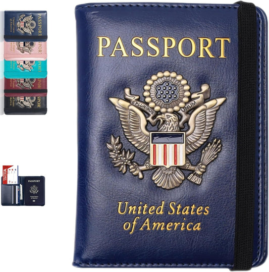 Passport Holder Cover Travel Wallet RFID Blocking Leather Family Passport Wallets Organization Personalized Wallet for Men or Women(blue)