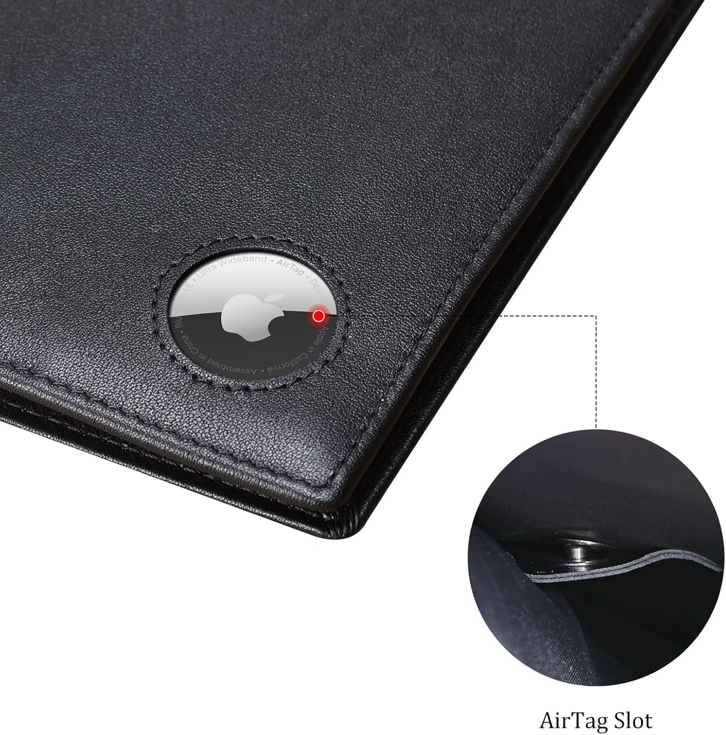 Polare Luxury RFID Blocking Leather Passport Holder Travel Wallet For Men and Women (Black with AirTag Slot)