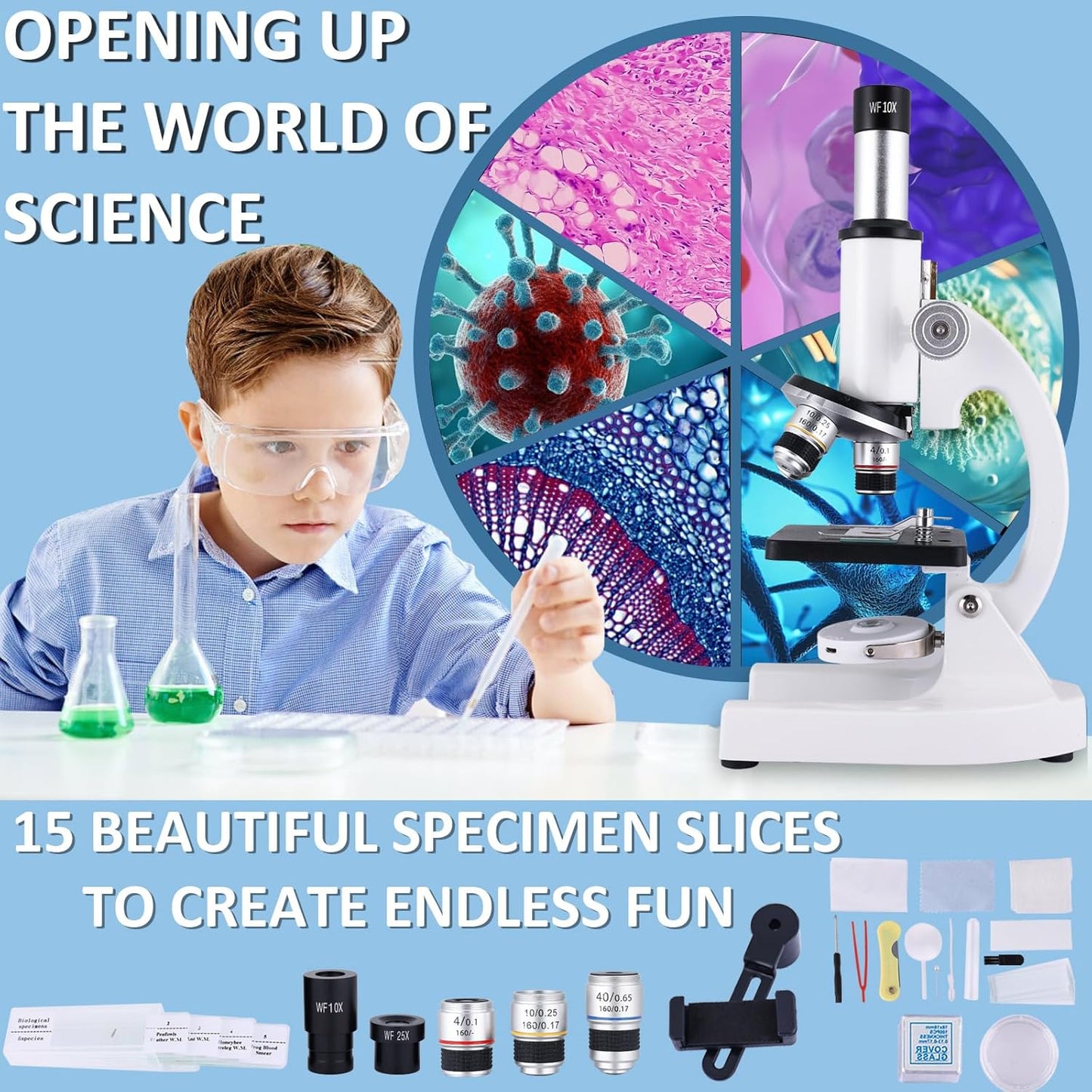 Microscope for Kids，40X-2000X Compound Microscope Mobile Phone Adapter with Microscope Slide Microscope kit for Home School Laboratories for Children Students