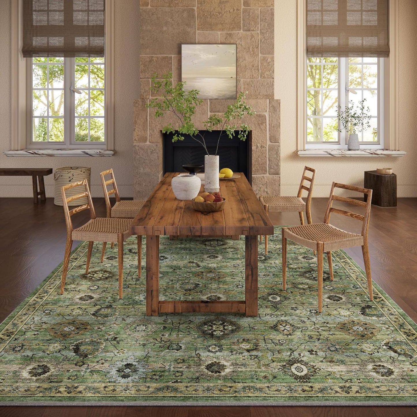 Washable Area Rugs for Living Room: 8x10 Rug Boho Vintage Rugs Stain Resistant Non Slip Low Pile Lightweight Soft Carpets for Bedroom Kitchen Dining Room Nursery Kids Room Farmhouse Home Office