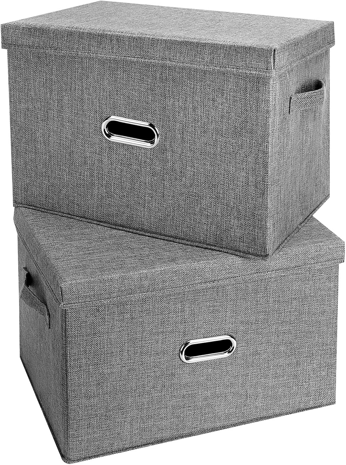 Large Linen Fabric Foldable Storage Bins with Removable Lid and Handles, Washable Storage Box Organizer Containers Baskets Cube with Cover for Bedroom,Closet,Office (Grey, Extra Large(2-Pack))