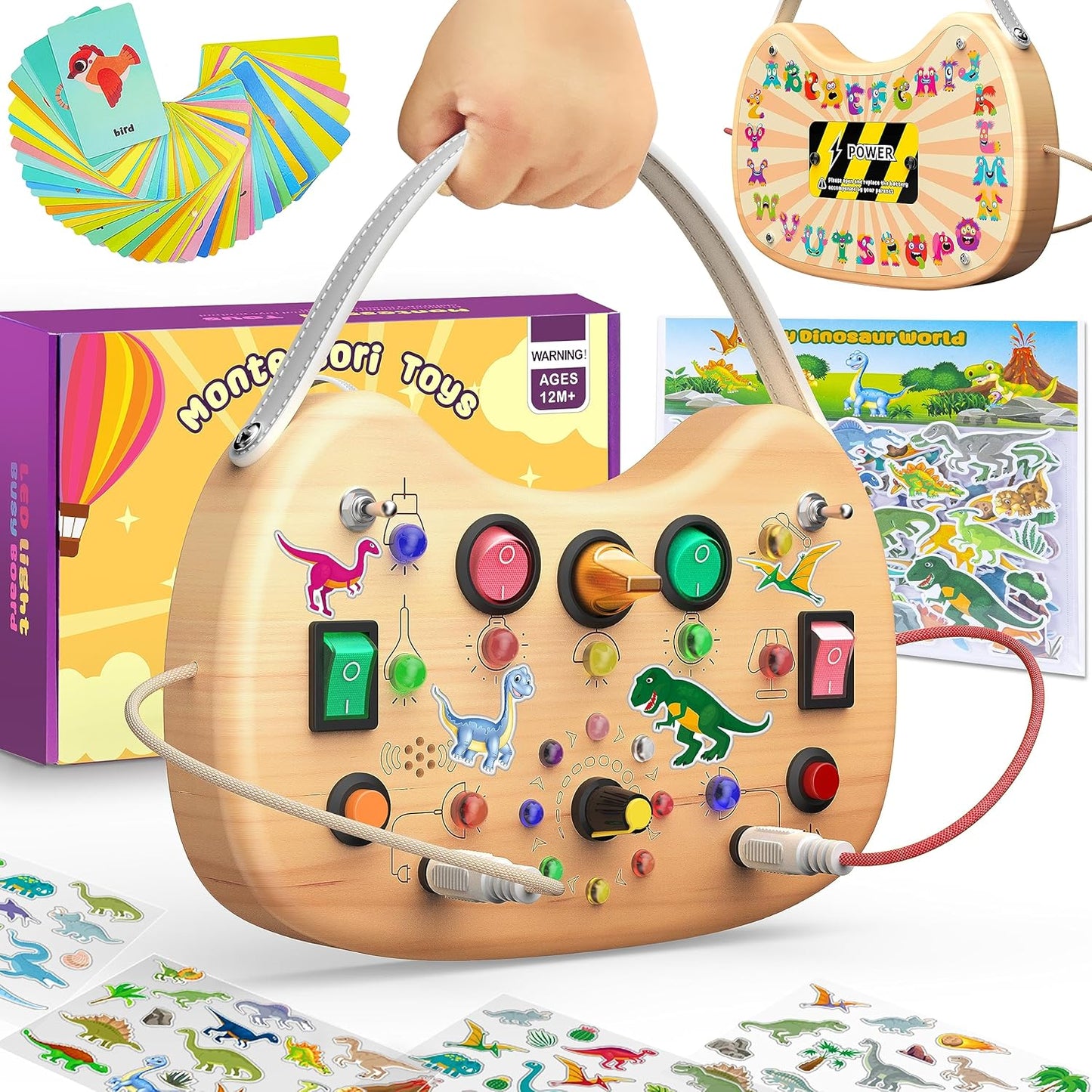 Montessori Busy Board for Baby, Busy Board for Toddlers Toys, Wooden Autism Sensory Toys with Animal Cards, Dinosaur Stickers, Toddler Educational Activity Travel Toys for Boys and Girls 1+