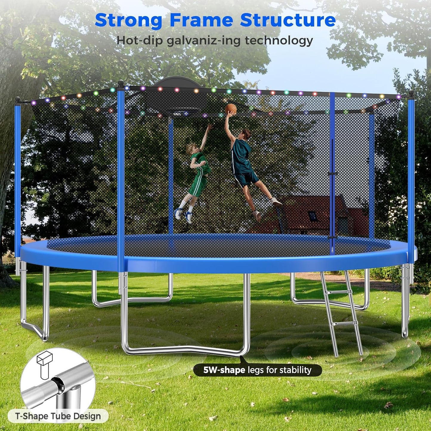 Upgraded 10/12/14/15/16FT Trampoline Outdoor, Large Kids Trampoline with Light, Stakes, Sprinkler, Backyard Trampoline with Basketball Hoop and Net, Capacity for 4-6 Kids and Adults