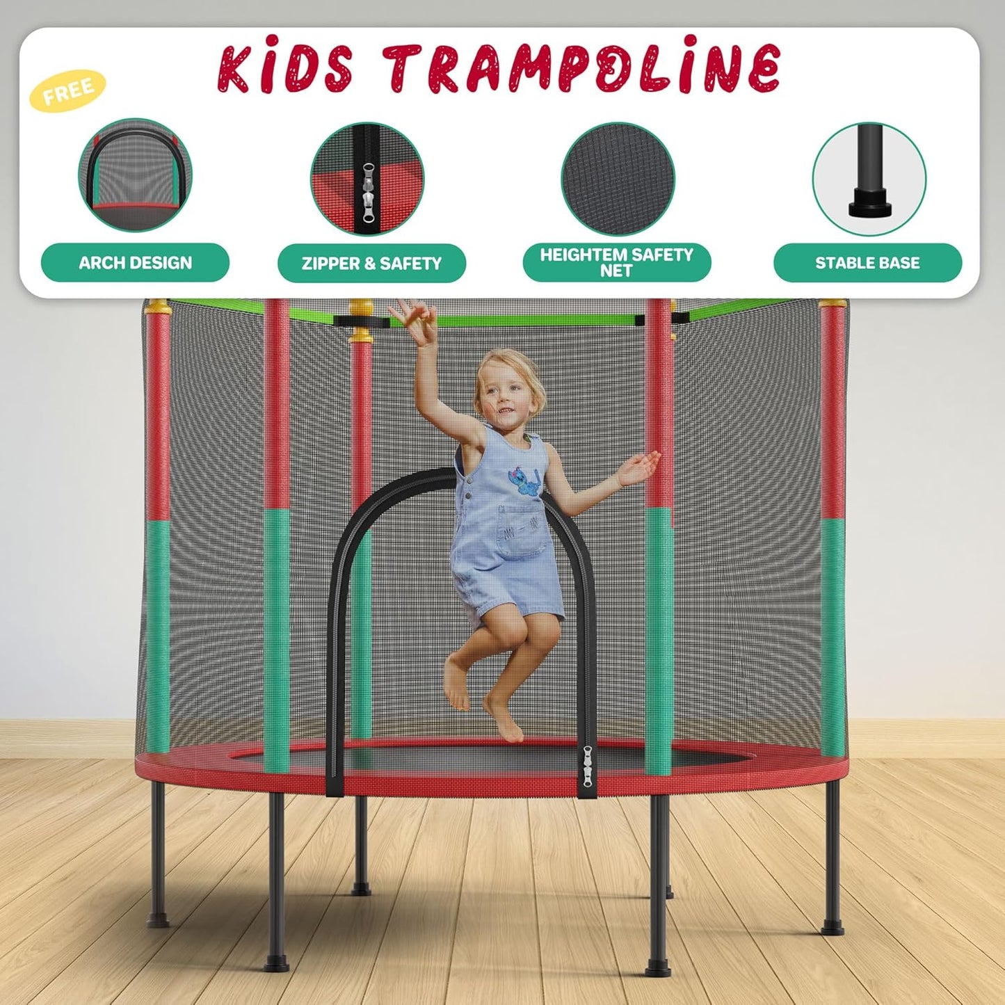 55IN Trampoline for Kids - Indoor/Outdoor Play with Enclosure Net - Easy to Assemble Recreational Trampoline - Red