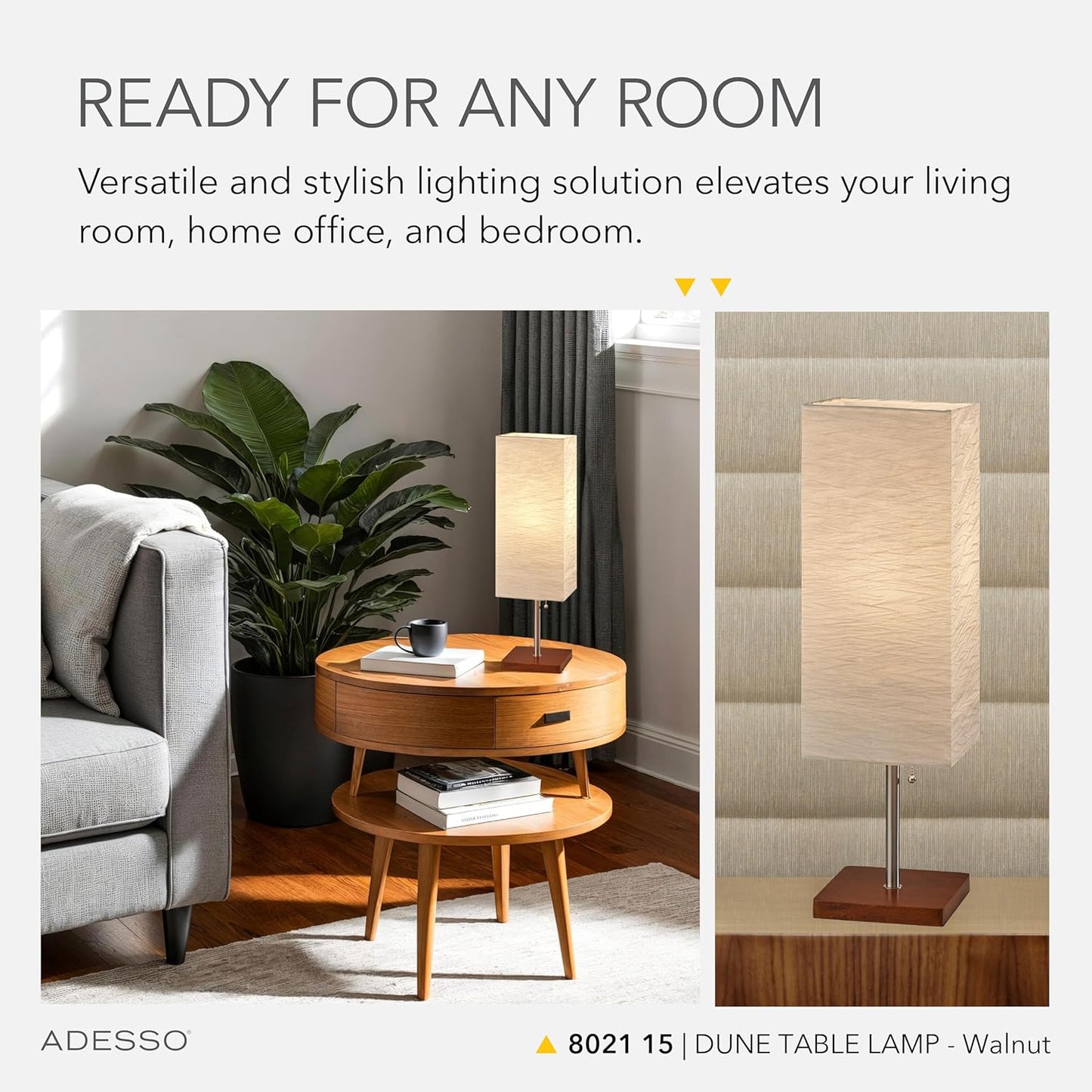 Adesso 26” Table Lamp with Walnut Wood Base, Brushed Steel Finish & Crinkle Paper Shade – Perfect Lighting for Bedroom, Living Room and Corner Decor, Beige