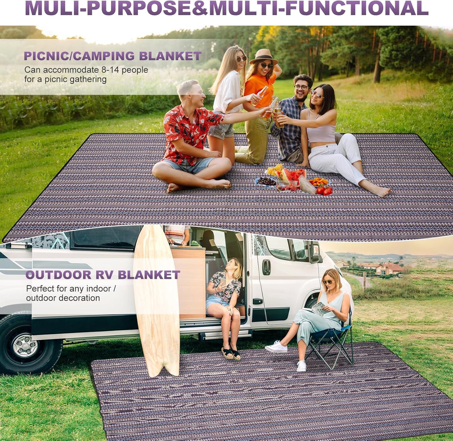 G GOOD GAIN Picnic Blankets Outdoor - Waterproof Outdoor Rug with Shoulder Carry Strap | Machine Washable Picnic Mat with Sandproof Backing for RV, Balcony, Camping, Hiking, Concerts (Blue, 9' x 6')